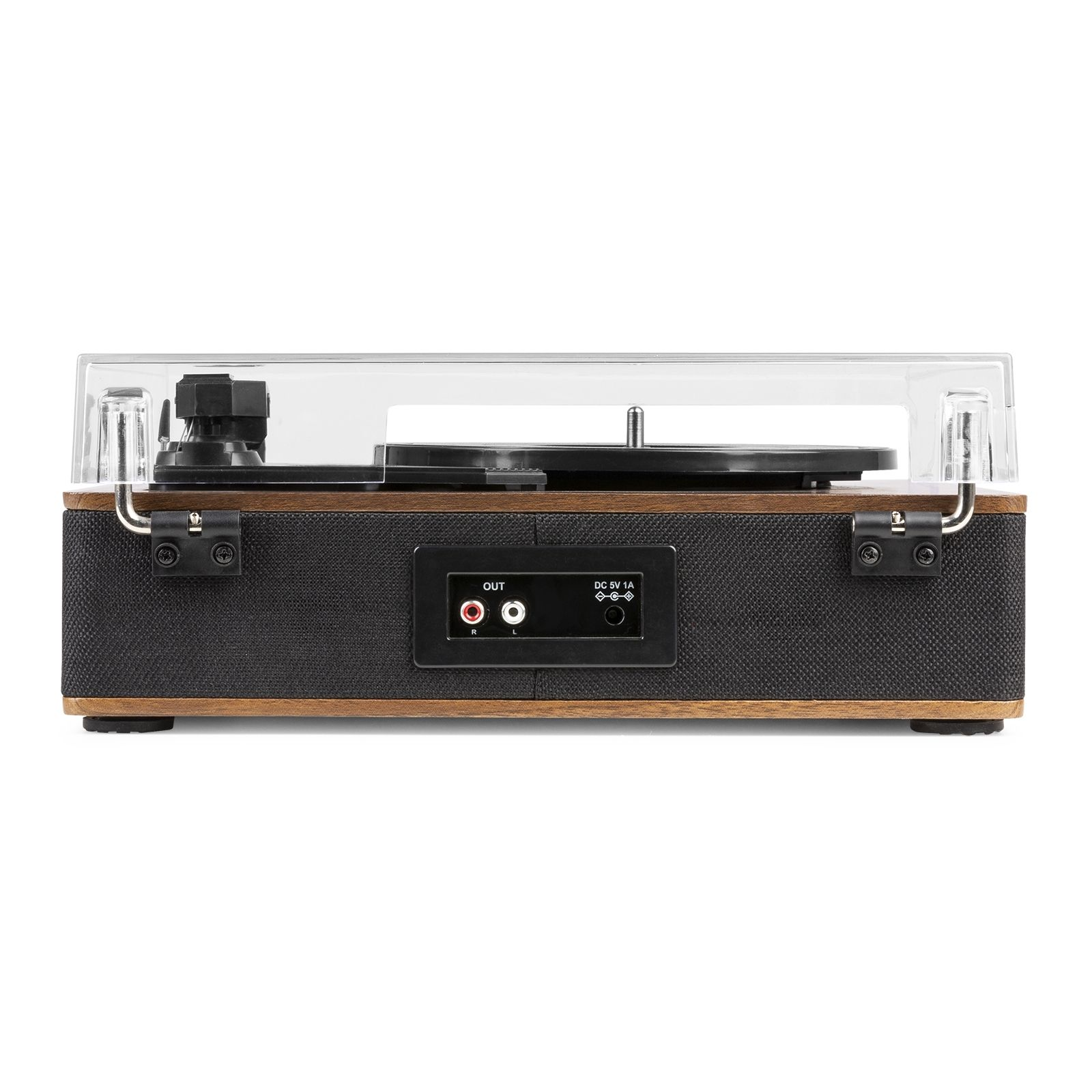 Parte trasera del tocadiscos, con cubierta transparente. Tiene conexiones para salida de audio y alimentación.