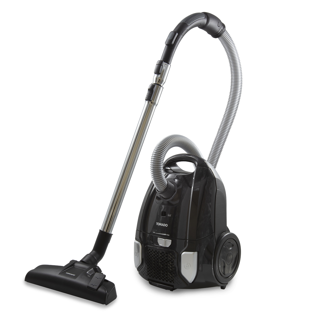 Black vacuum cleaner with a long silver tube and a black head, on a white background.