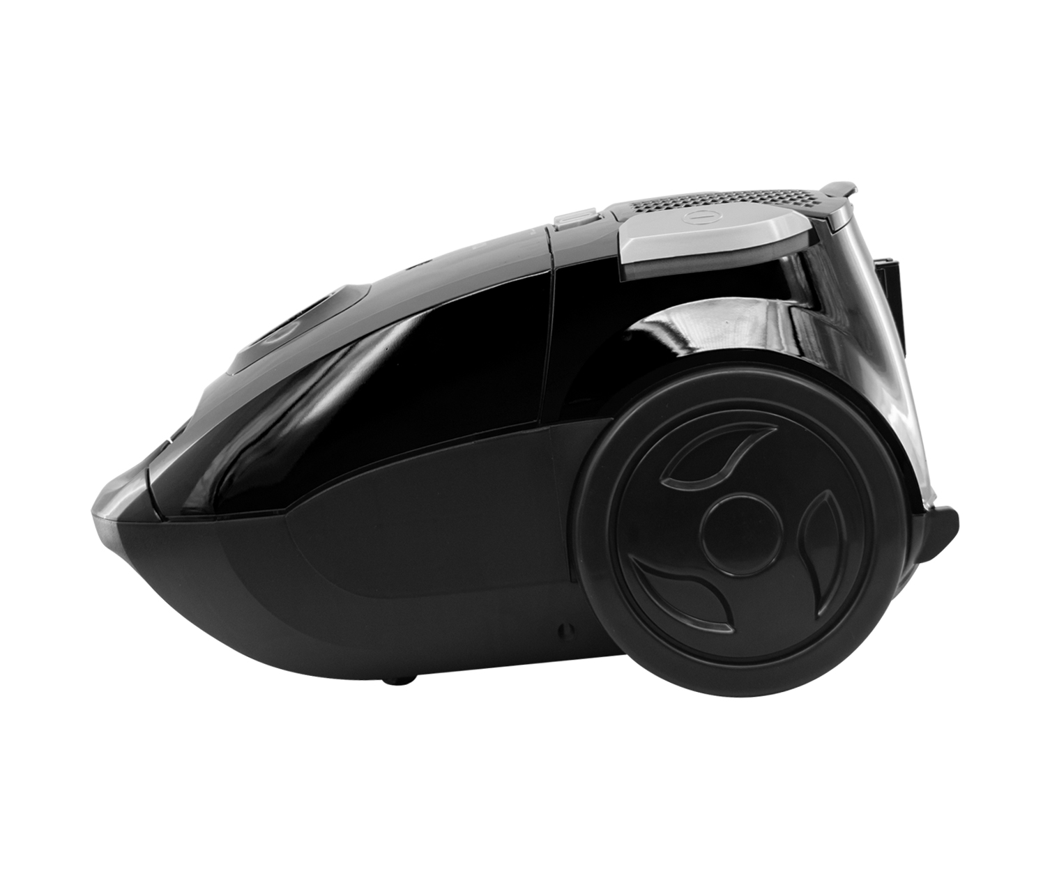 Black vacuum cleaner with a large wheel on white background, side view.