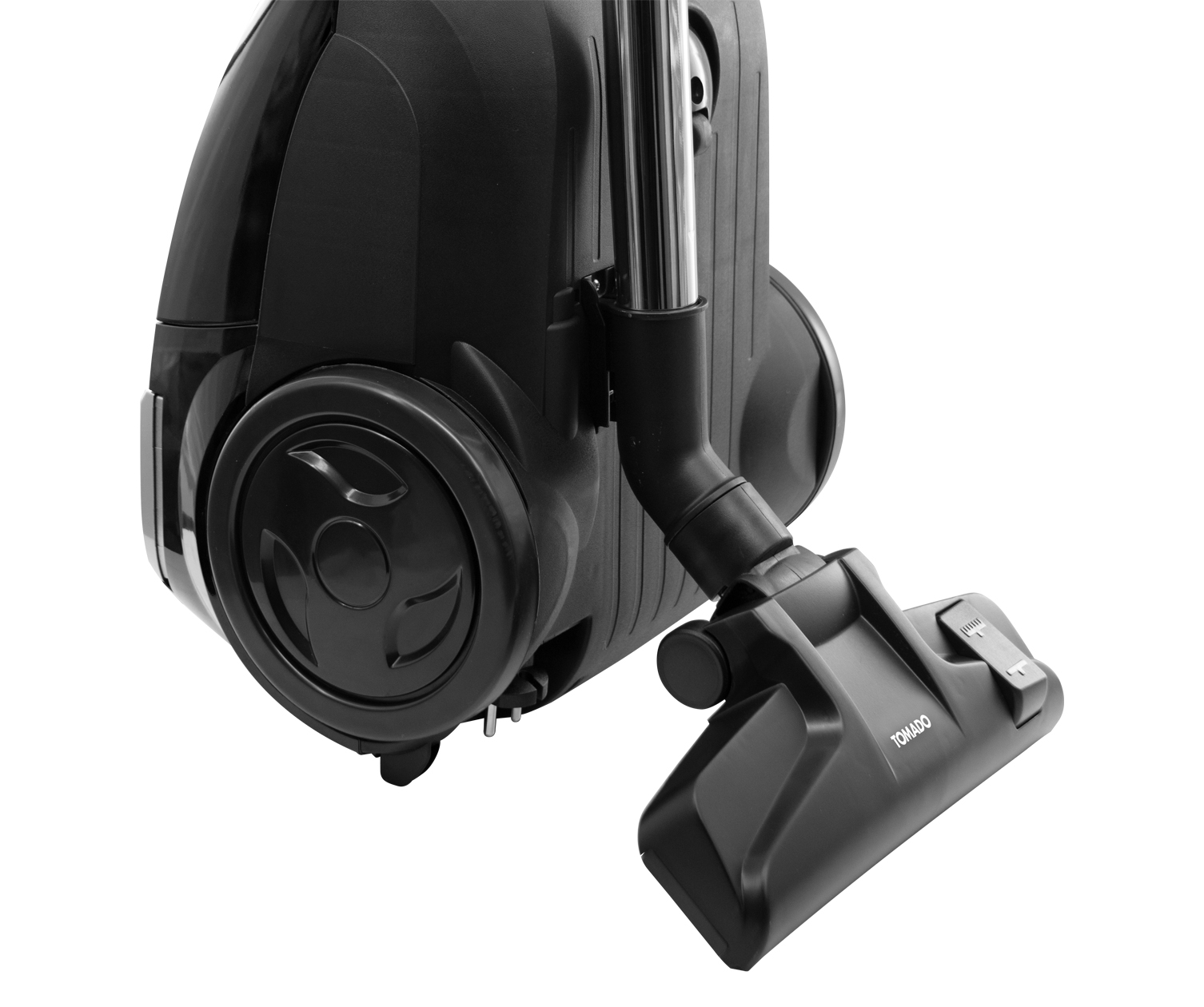 Black vacuum cleaner with a hose and a brush attachment, against a white background.