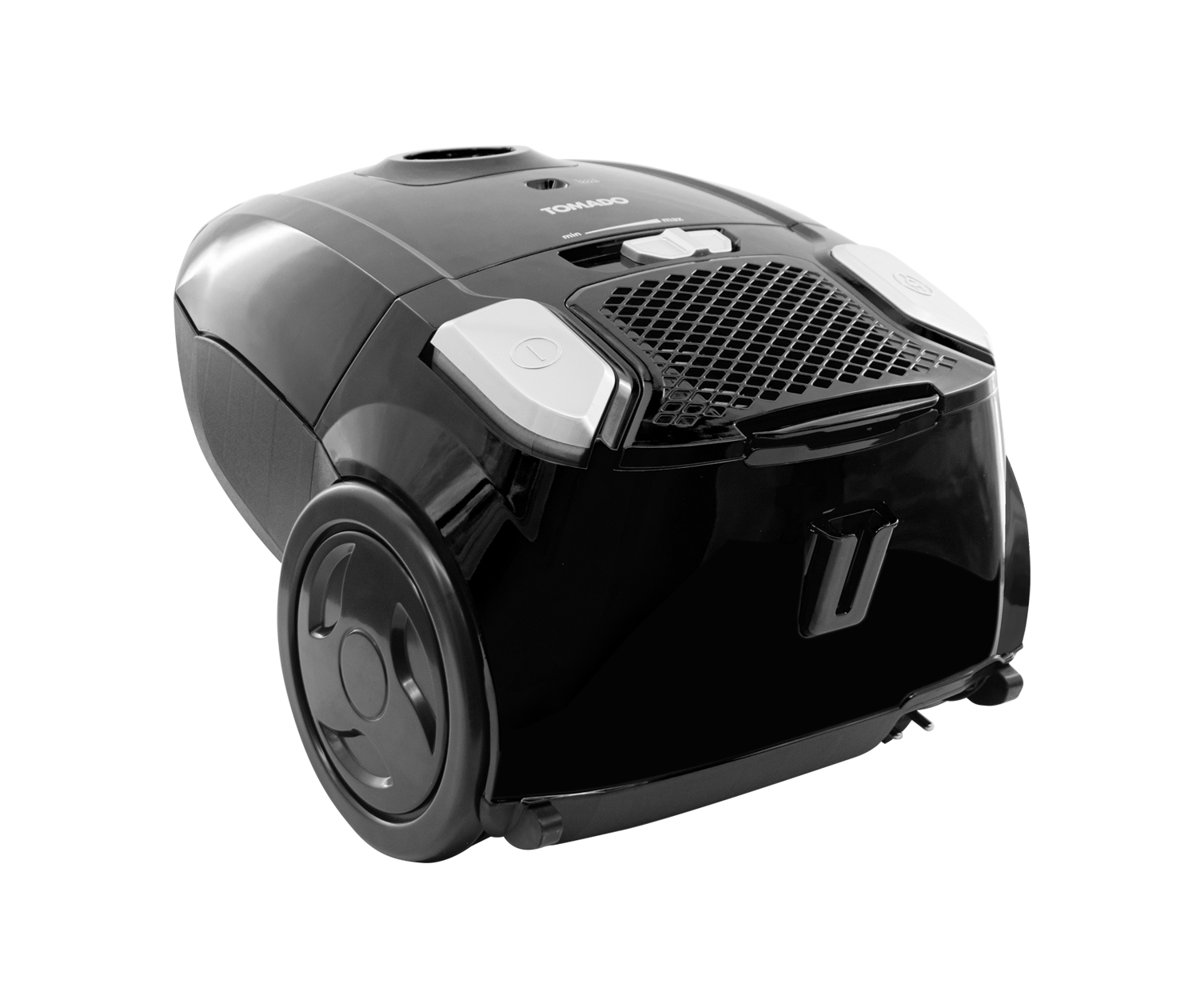 Black vacuum cleaner on white background. Has a wheel and buttons.