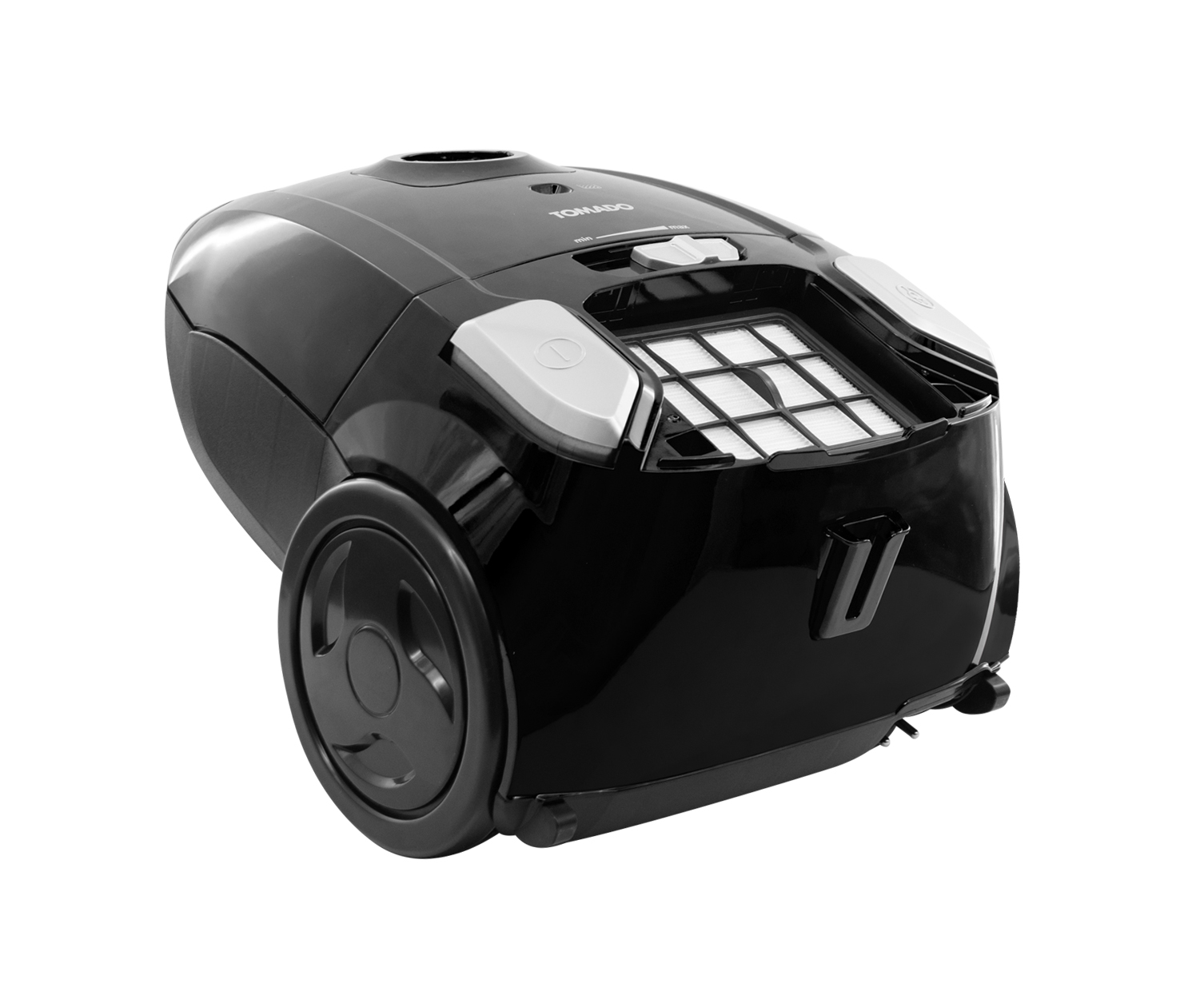 A black Tomado vacuum cleaner, angled slightly.