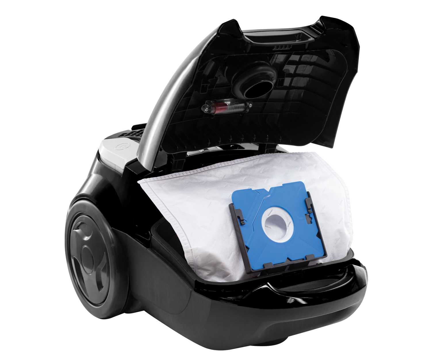 Black vacuum cleaner with open lid, white filter bag, and blue filter. Wheels are visible.