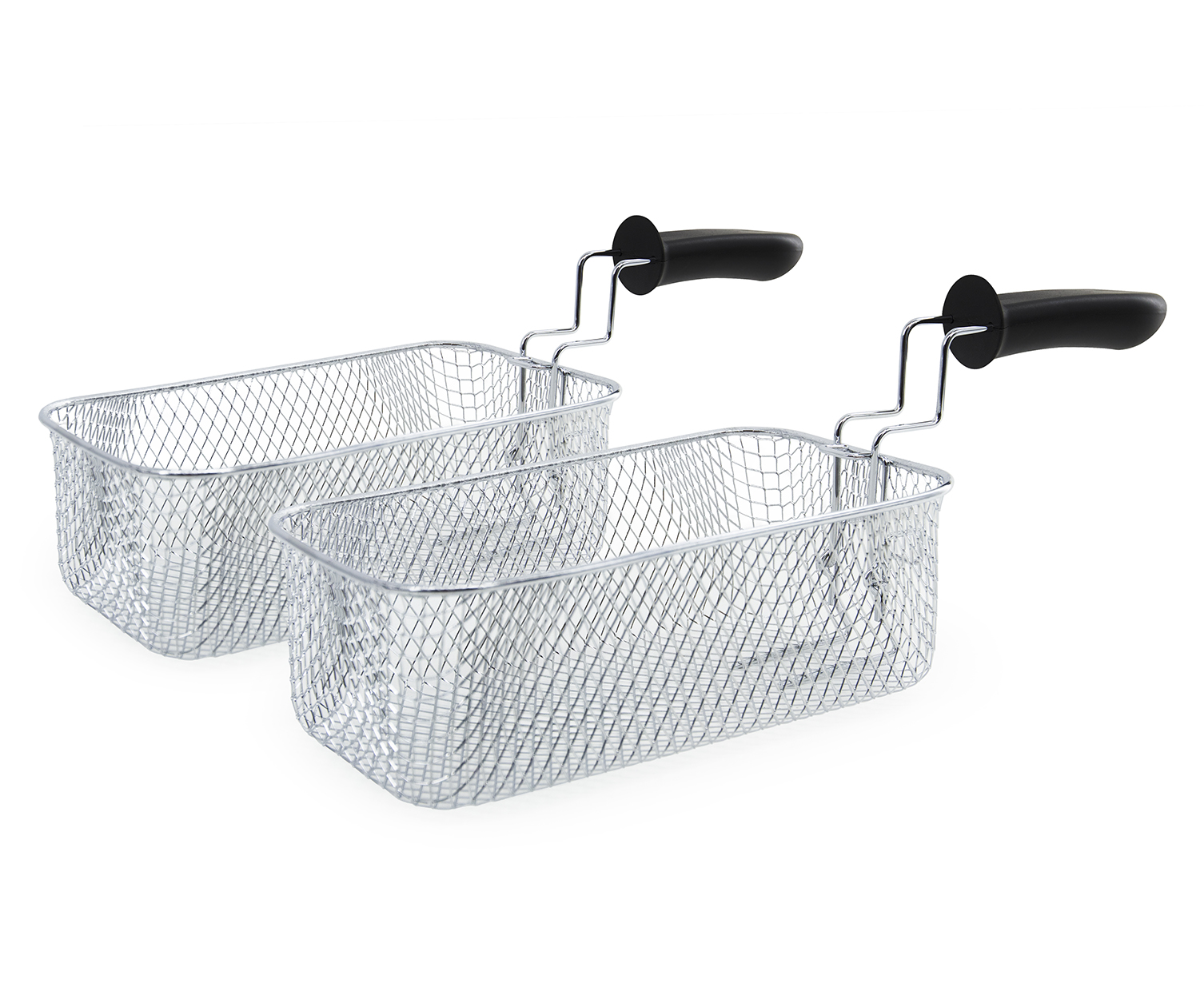 Two stainless steel mesh fry baskets with black handles, isolated on white.