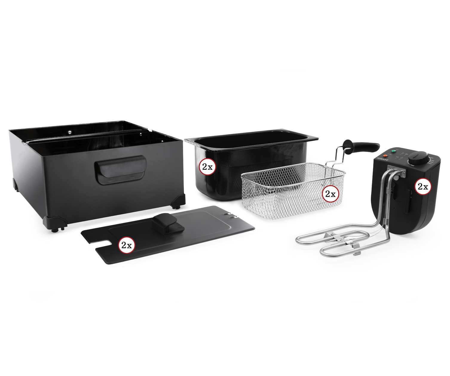 Black deep fryer components on white, including a basket, container, and control panel.