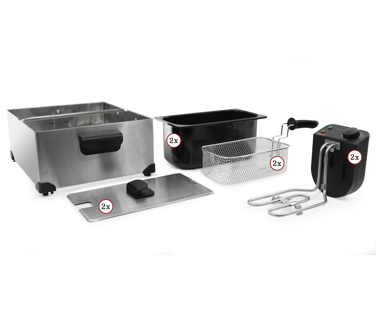Disassembled deep fryer parts: container, basket, lid, heating element, and control panel, all with labels.