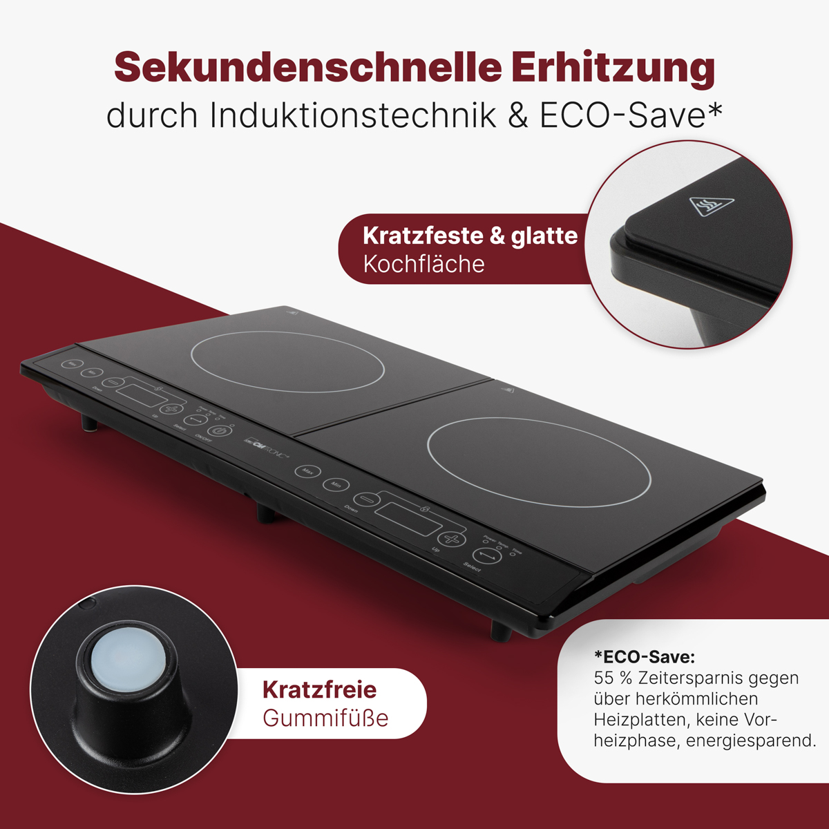 Czarna płyta indukcyjna z dwoma palnikami, panelem sterowania i zbliżeniami funkcji.