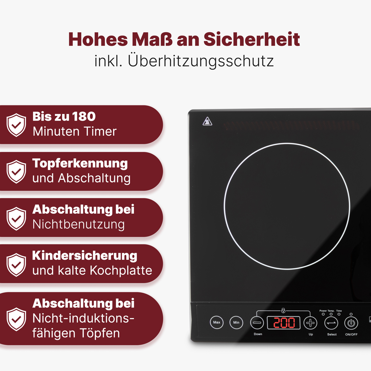 Czarna i srebrna płyta indukcyjna z funkcjami bezpieczeństwa i wyświetlaczem cyfrowym 200.