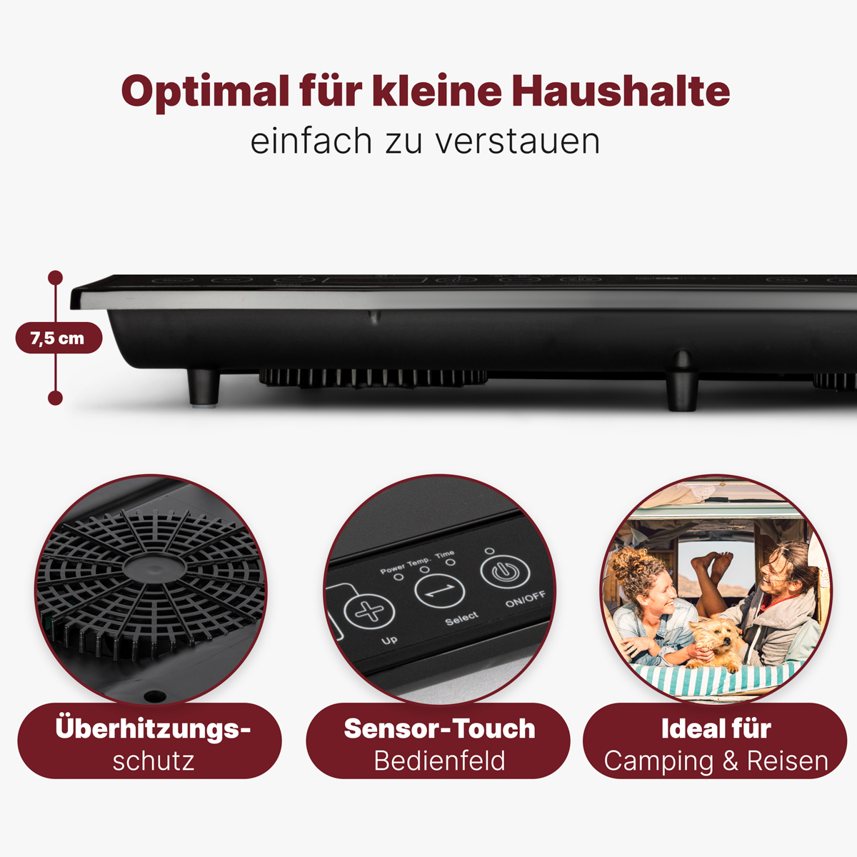 Czarna płyta indukcyjna z elementami dotykowymi, przyciskiem zasilania i ikonami graficznymi. Powiększone szczegóły, etykiety tekstowe.