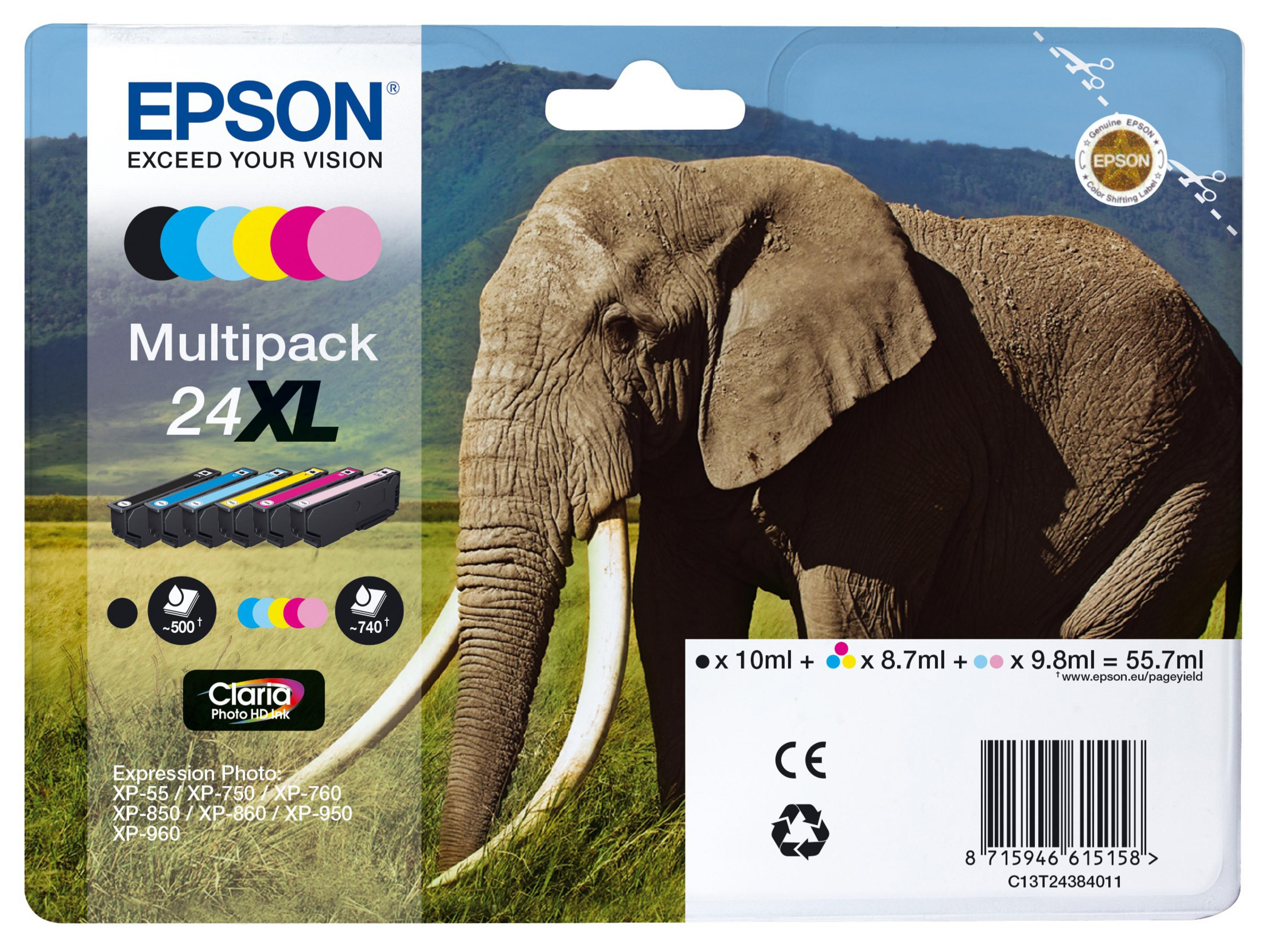 Epson Tinten-Multipack. Elefantenbild. Tintenpatronen im Hintergrund.