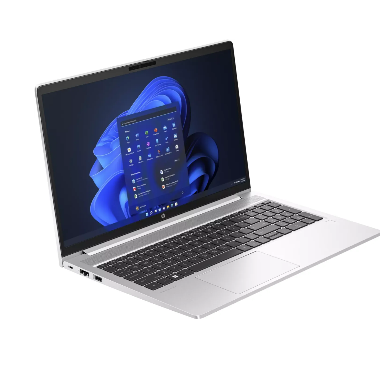 Srebrny laptop HP ProBook z ciemnym tłem ekranu i niebieską falistą grafiką.