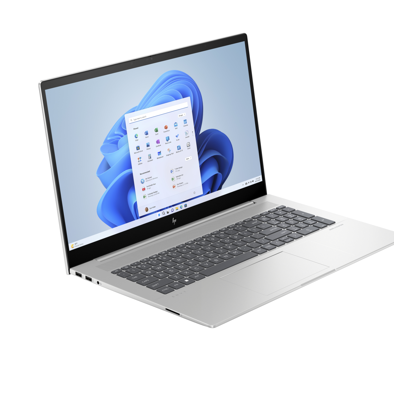 Silberner Laptop mit Windows 11 Oberfläche. Der Bildschirm zeigt ein Fenster mit App-Symbolen.