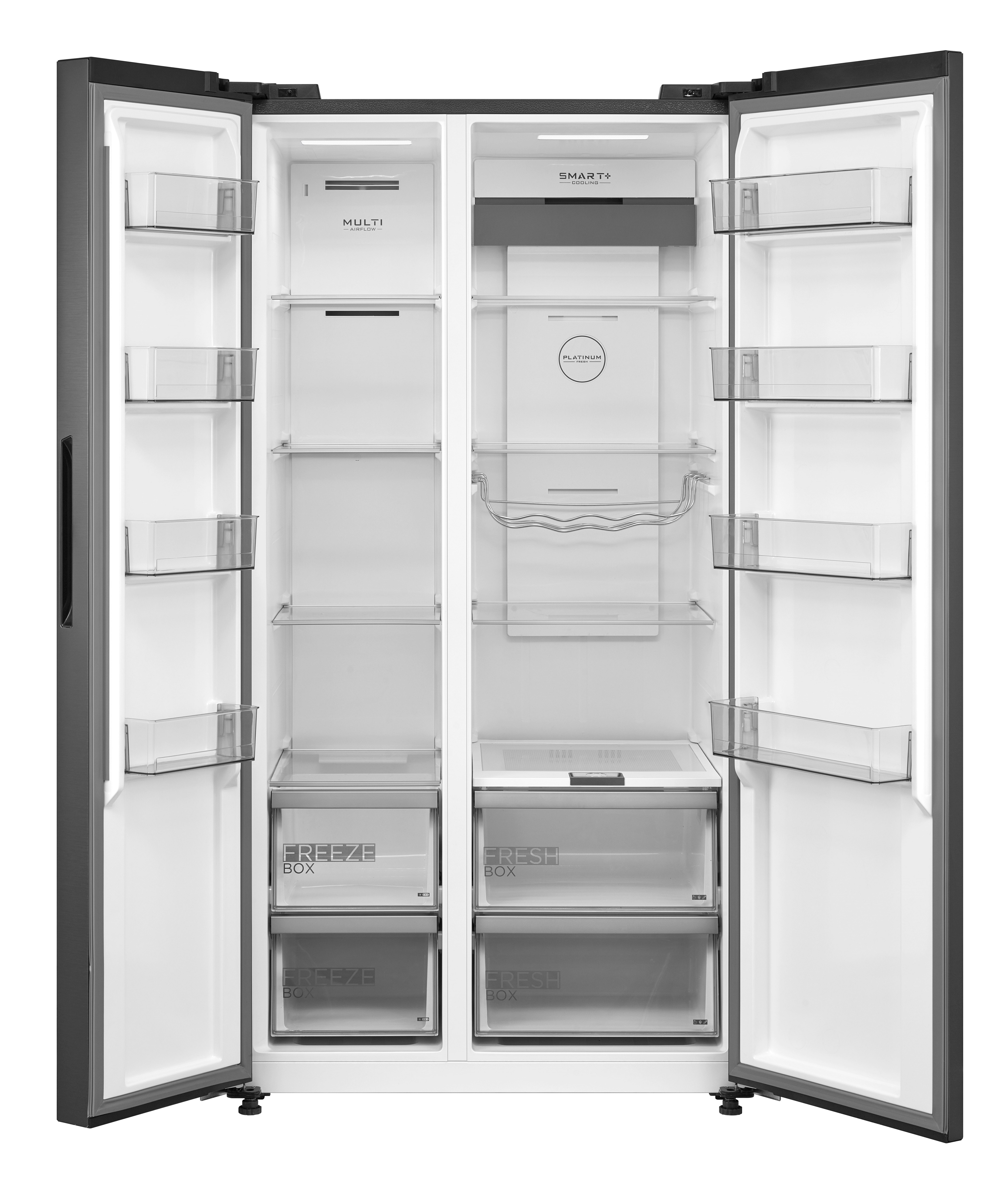 Réfrigérateur en acier inoxydable ouvert et vide avec de nombreuses étagères. La porte de gauche est ouverte, et celle de droite aussi.
