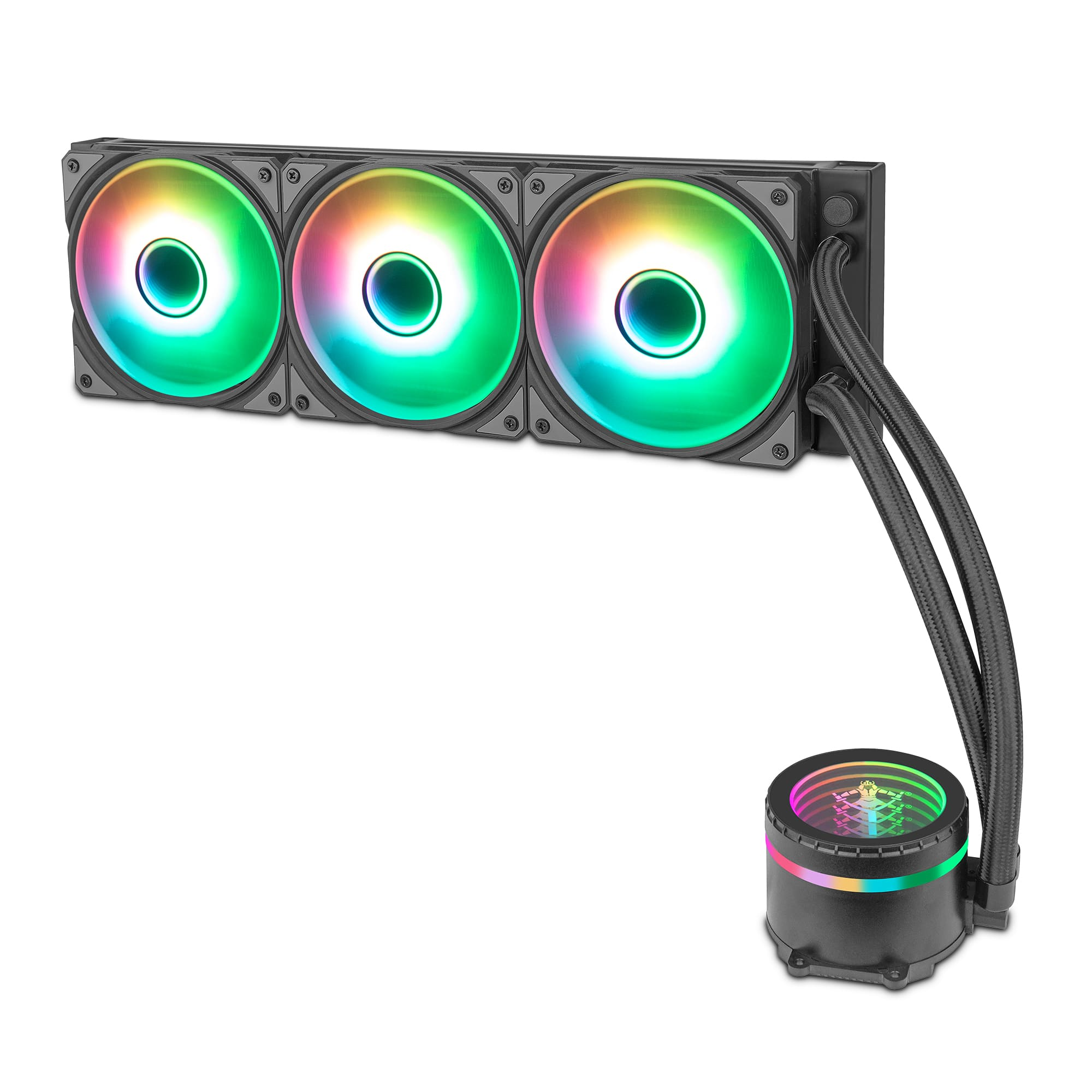 Enfriador líquido para computadora con tres ventiladores, luces y tubos arcoíris, fondo blanco.