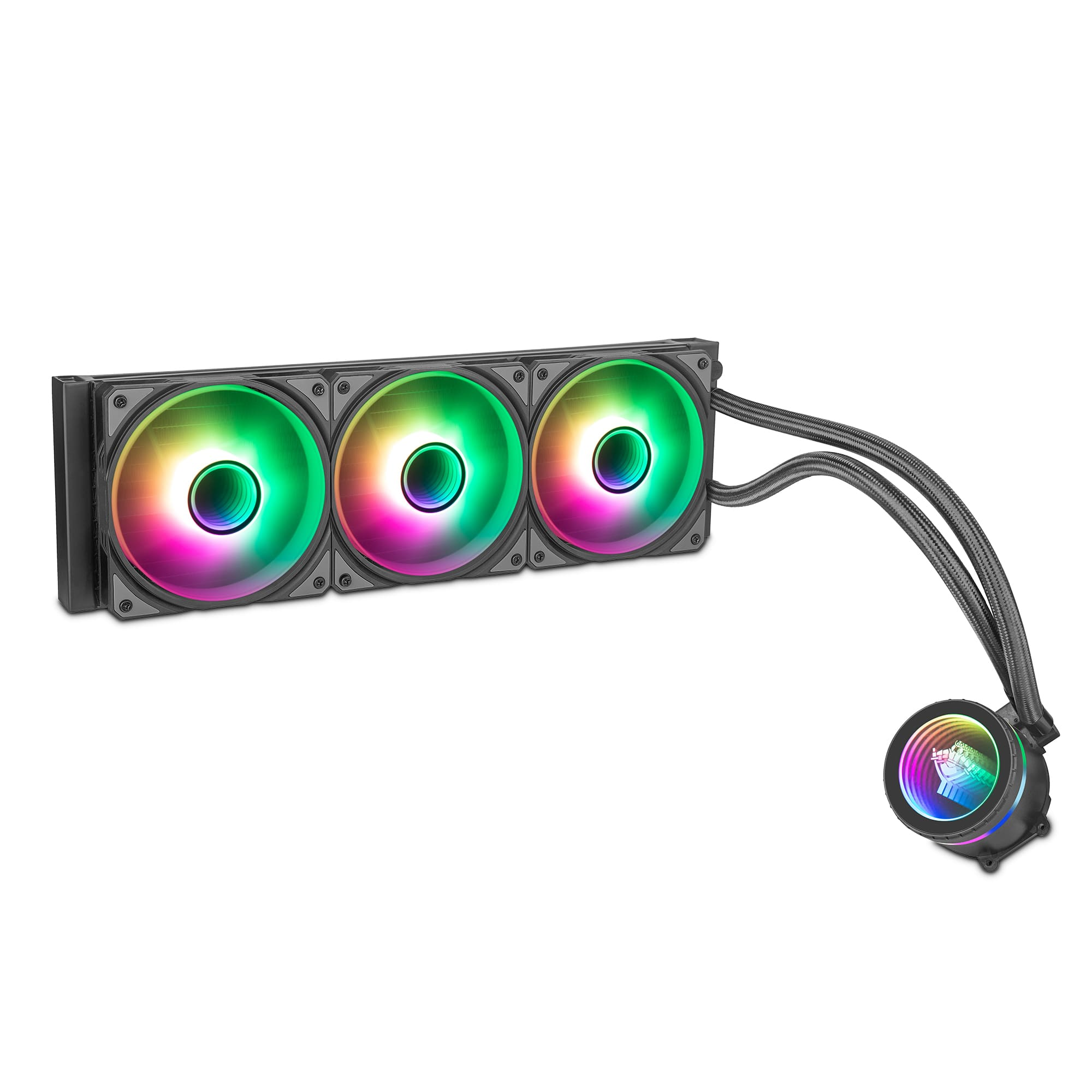Un enfriador de CPU con tres ventiladores multicolores y tubos conectados a un componente circular.