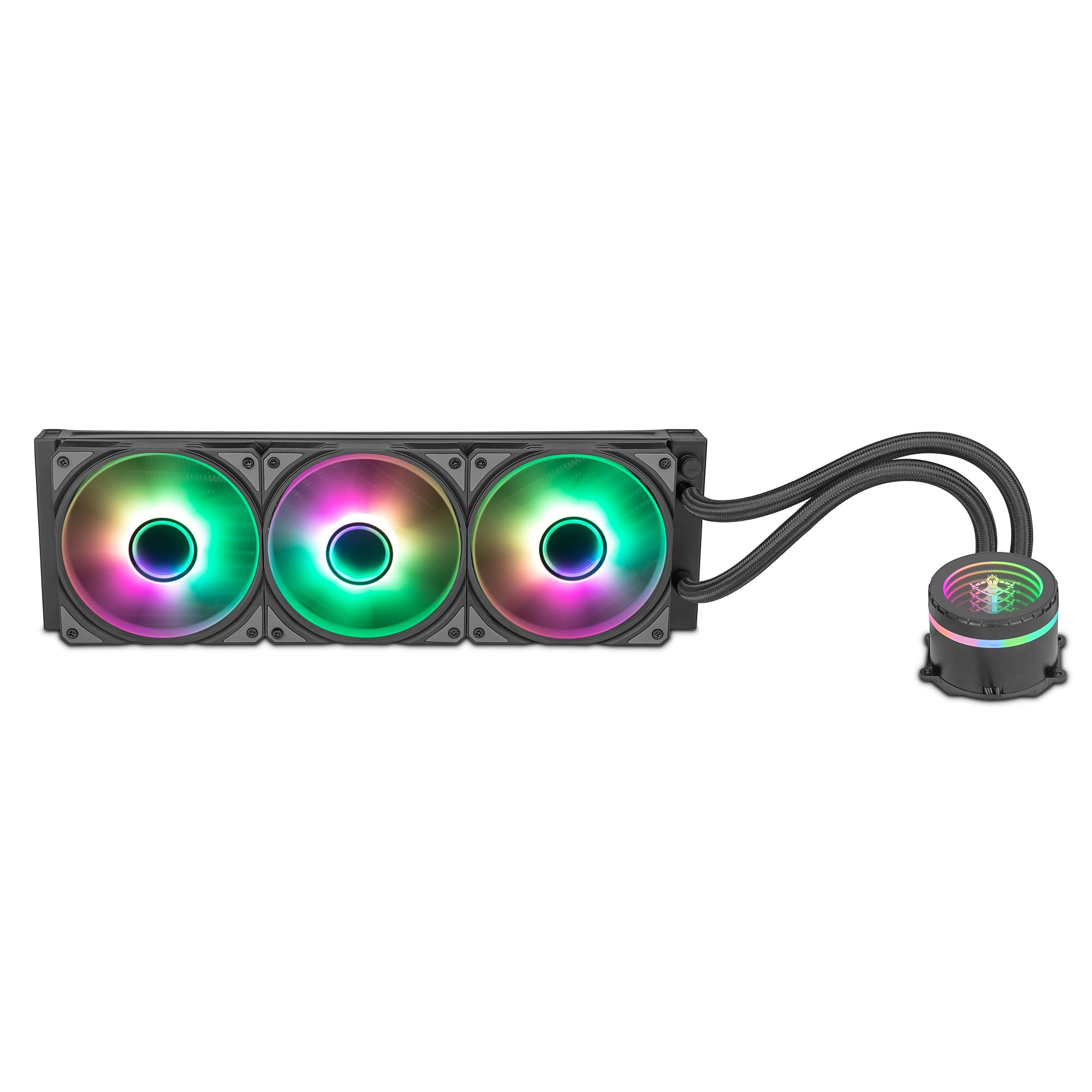 Un sistema de refrigeración líquida para ordenador. El sistema tiene tres ventiladores y una bomba.