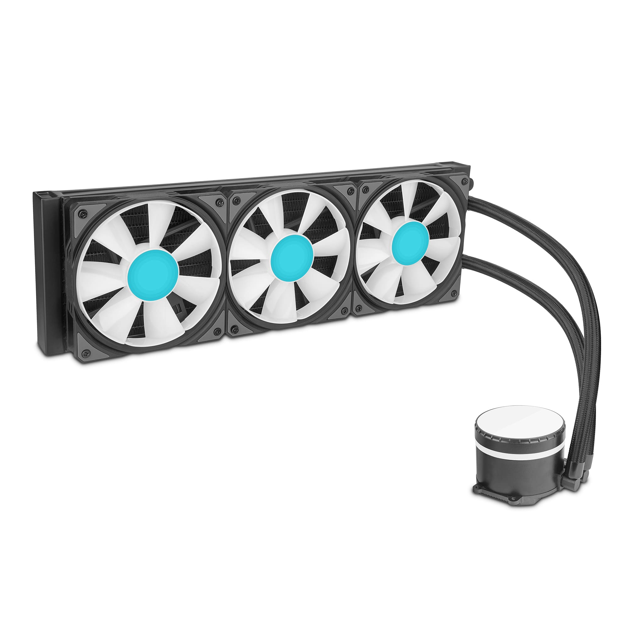 Sistema de refrigeración líquida. Hay tres ventiladores, un radiador negro y tubos.