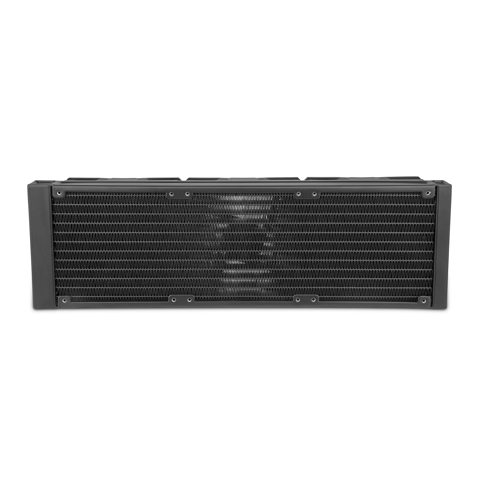 Enfriador de computadora negro rectangular con muchas aletas metálicas y un ventilador. Visto de frente.