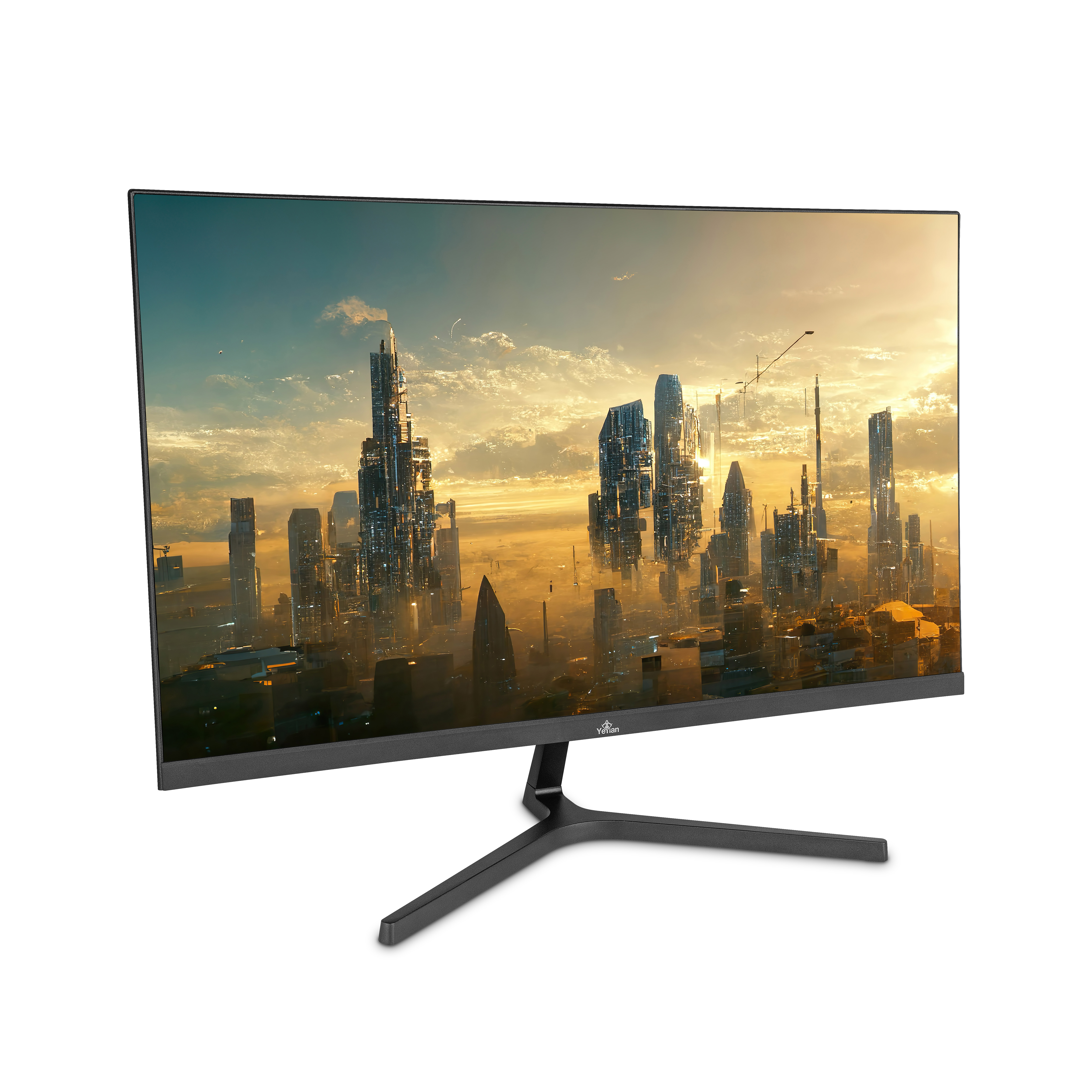 Monitor de ordenador curvo que muestra una ciudad futurista. Soporte negro y un fondo blanco.