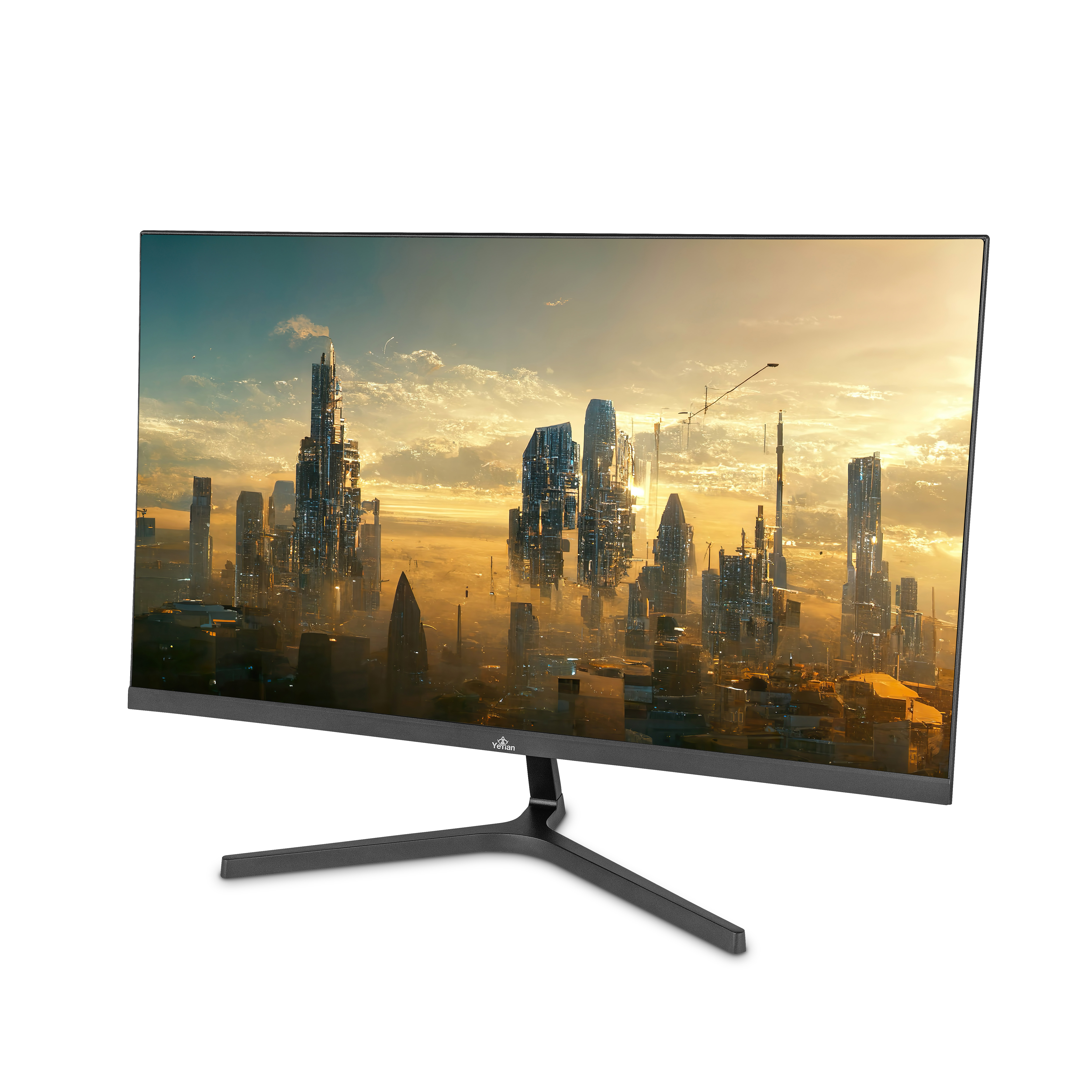 Un monitor de computadora grande muestra un paisaje urbano futurista contra un atardecer.