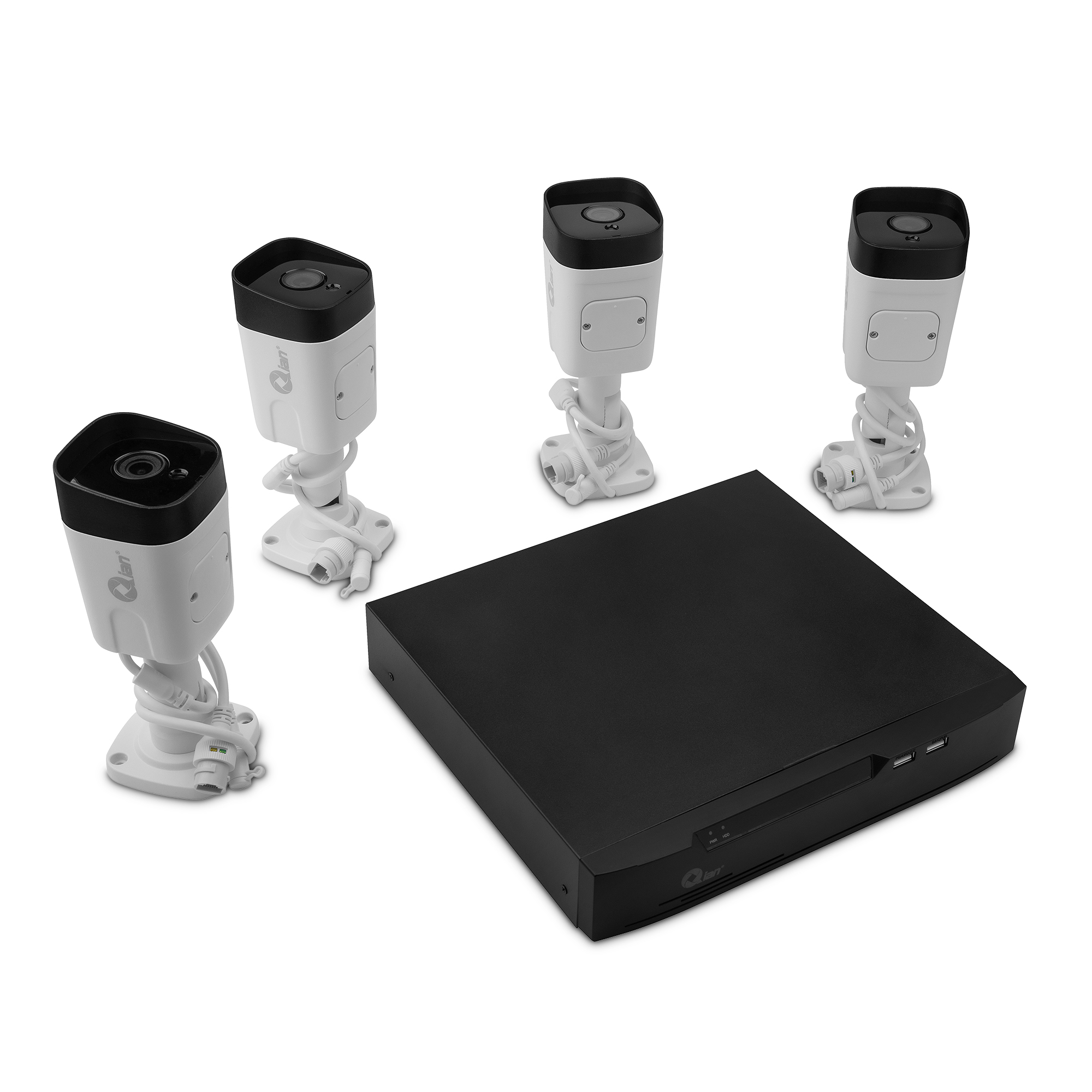 Cuatro cámaras de seguridad blancas y un DVR negro. Las cámaras están montadas y anguladas.