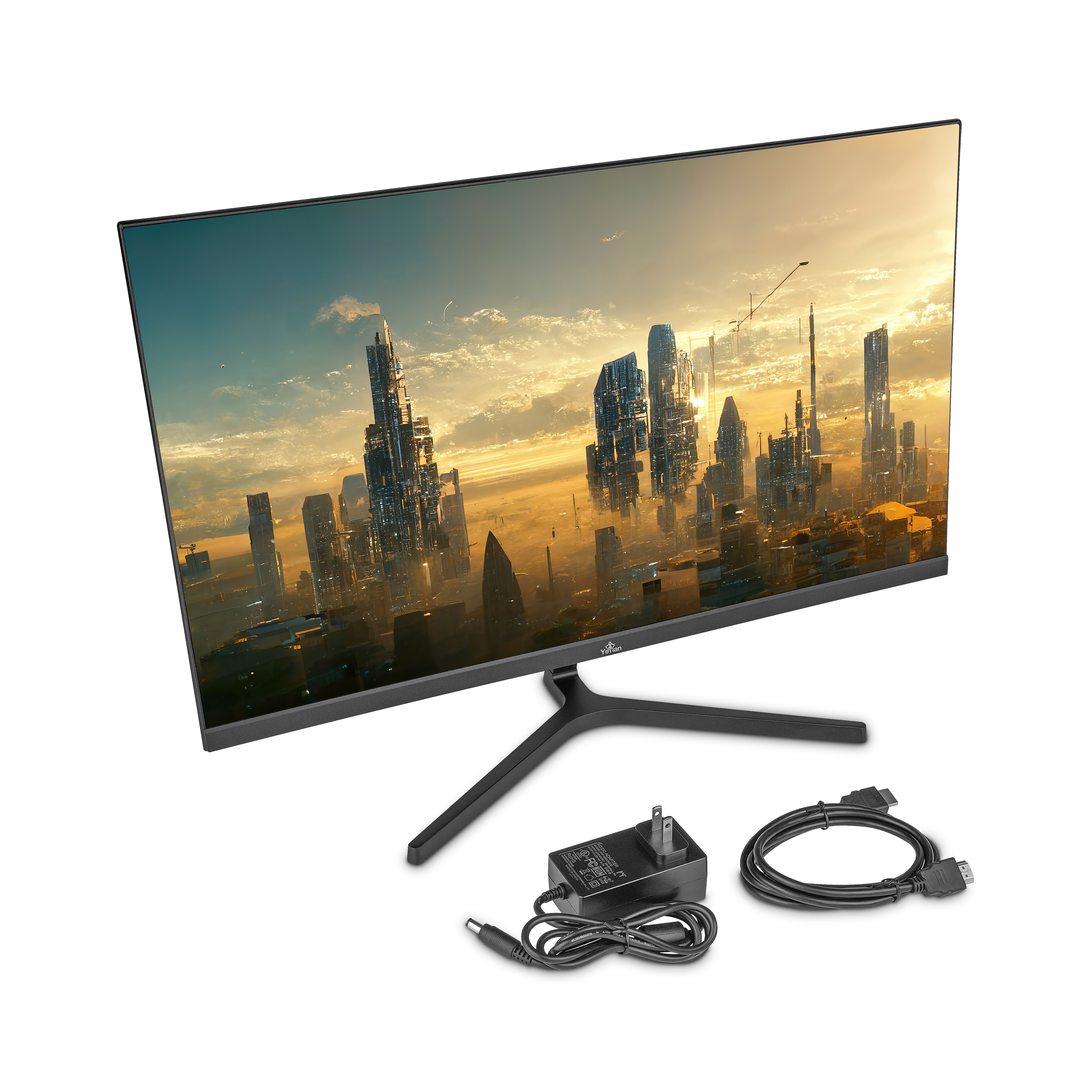 Monitor con paisaje urbano, adaptador de corriente y cables.