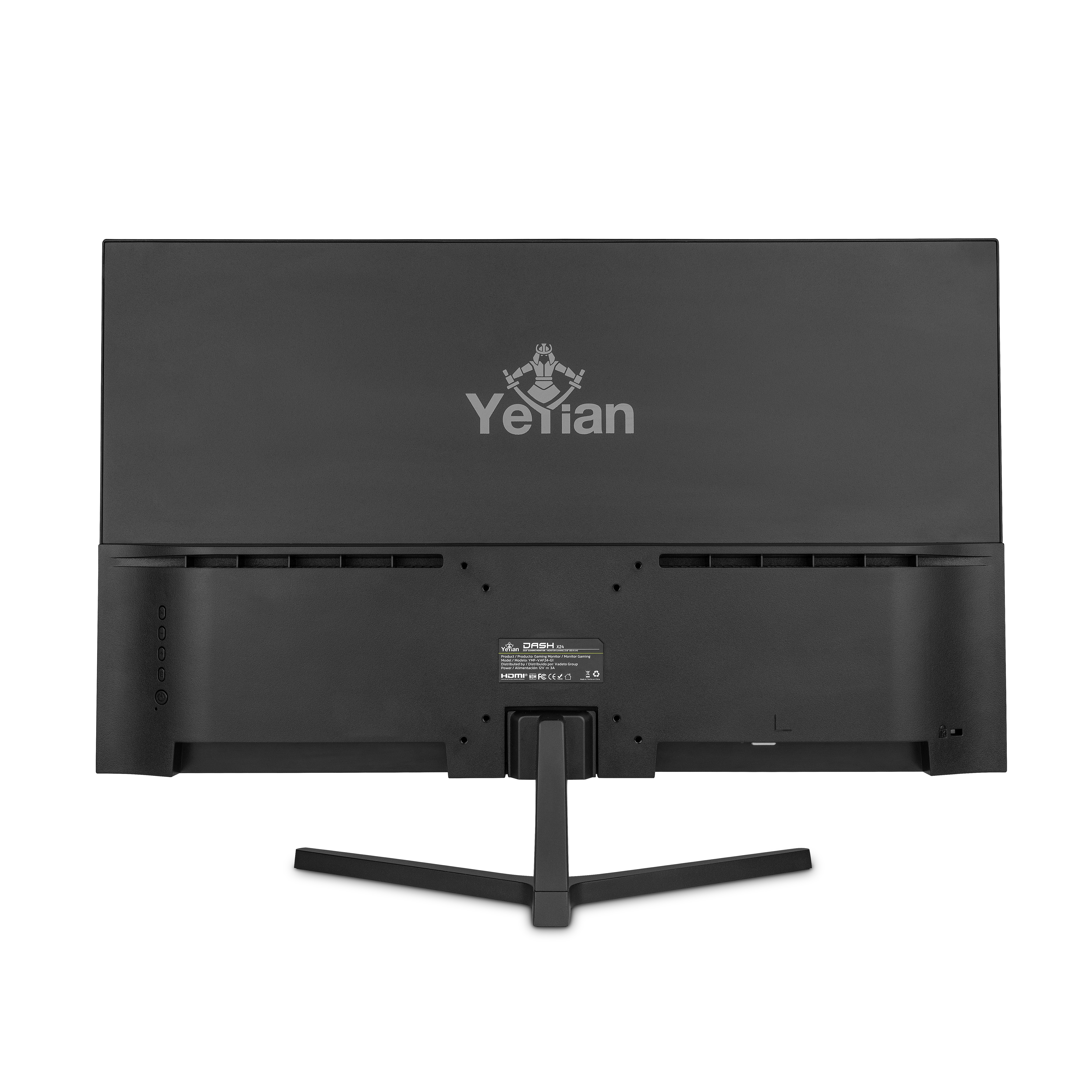 Monitor negro, vista trasera. Tiene el logotipo de la empresa, el nombre 'Yetian' y puertos.