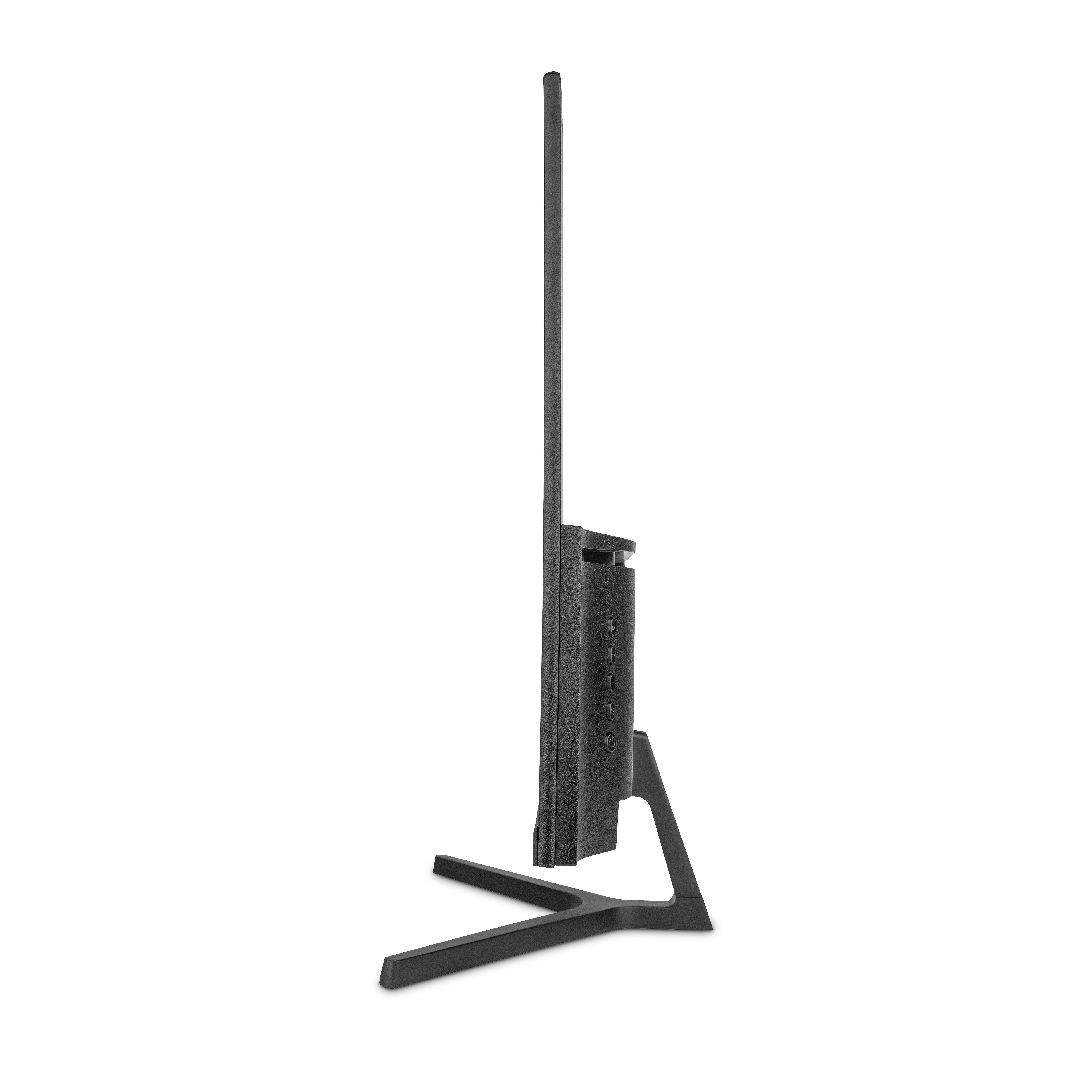 Un monitor de computadora negro con soporte, visto de lado, sobre un fondo blanco.
