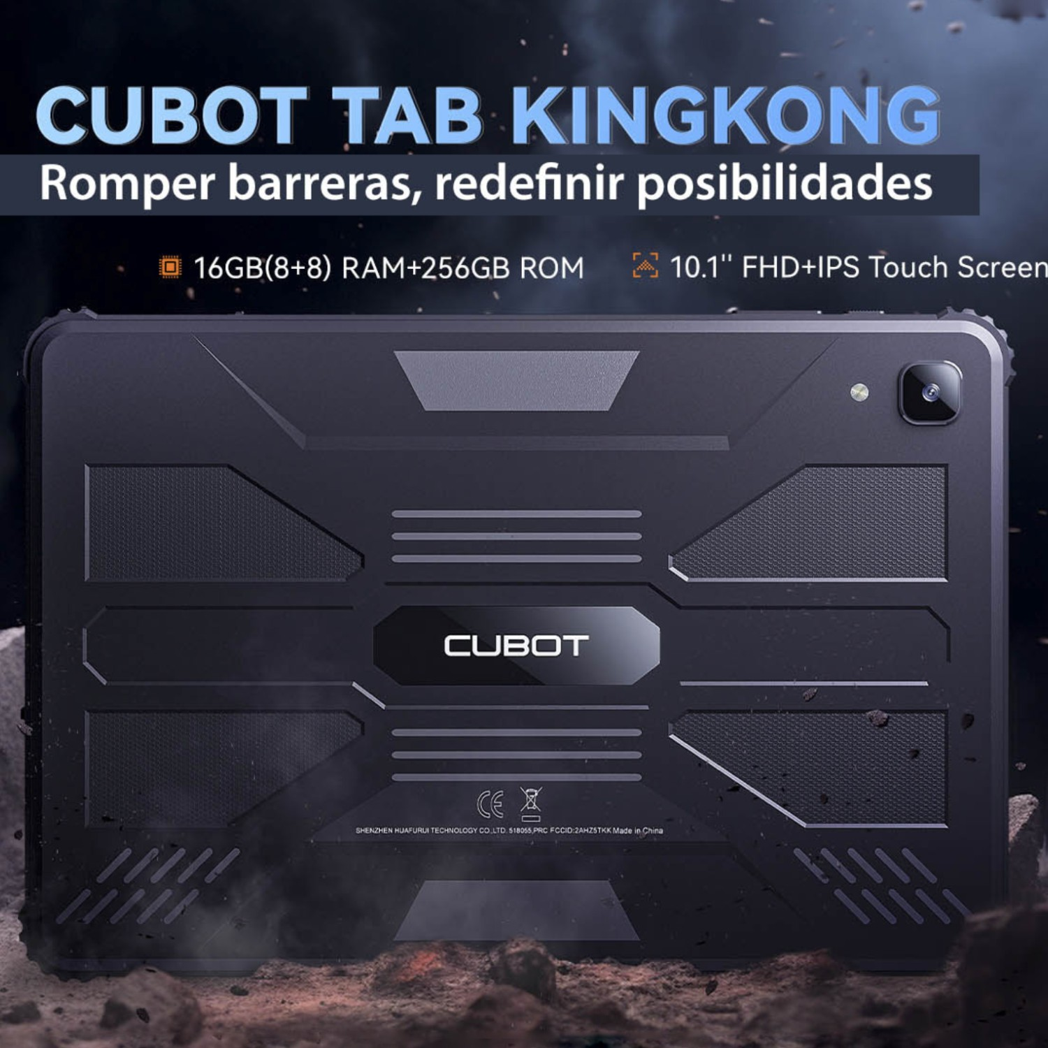 Czarny tablet z tekstem: CUBOT TAB KINGKONG, 16GB RAM, 10.1" FHD Touchscreen.