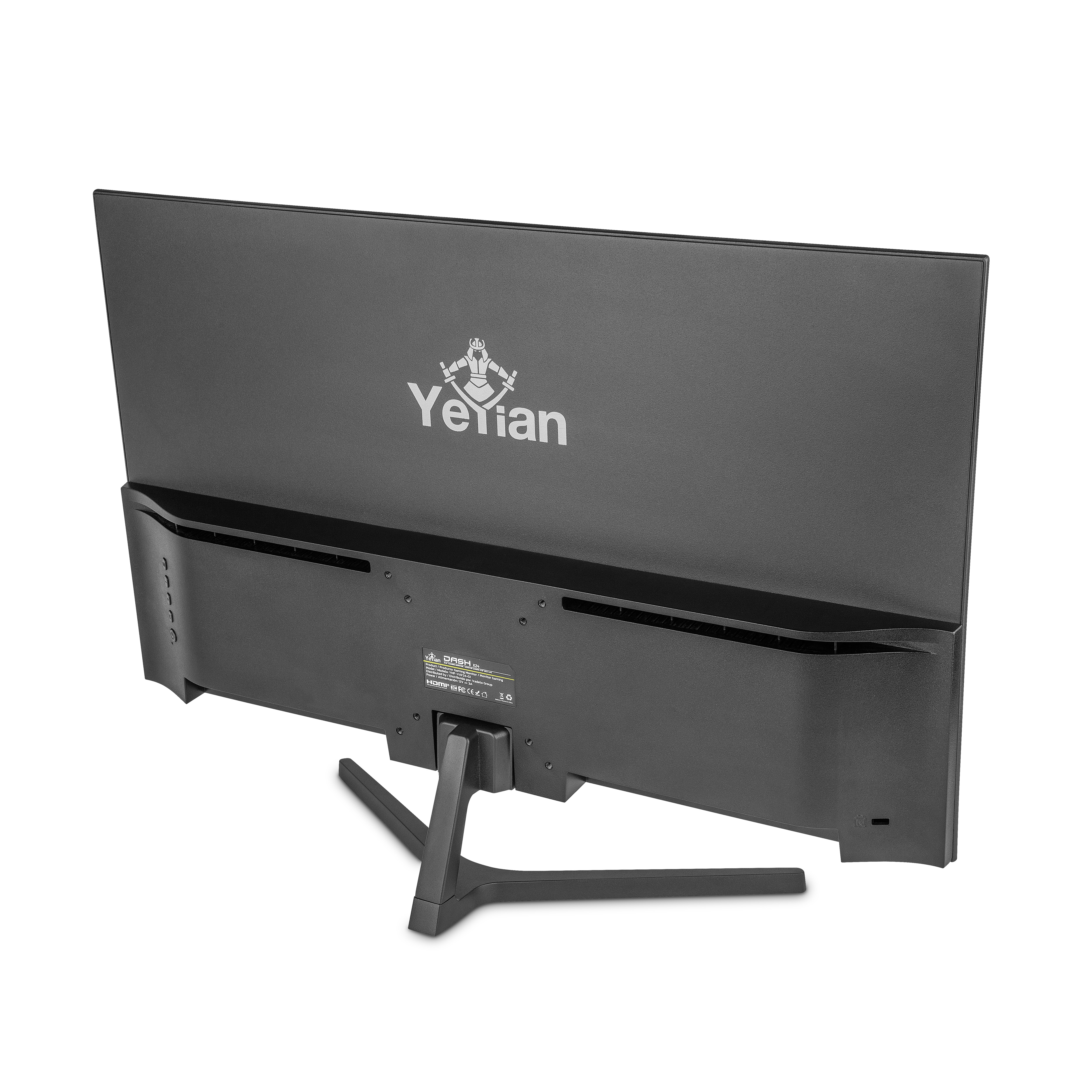Un monitor de ordenador negro por la parte trasera con la marca 'Yeian' y un soporte.