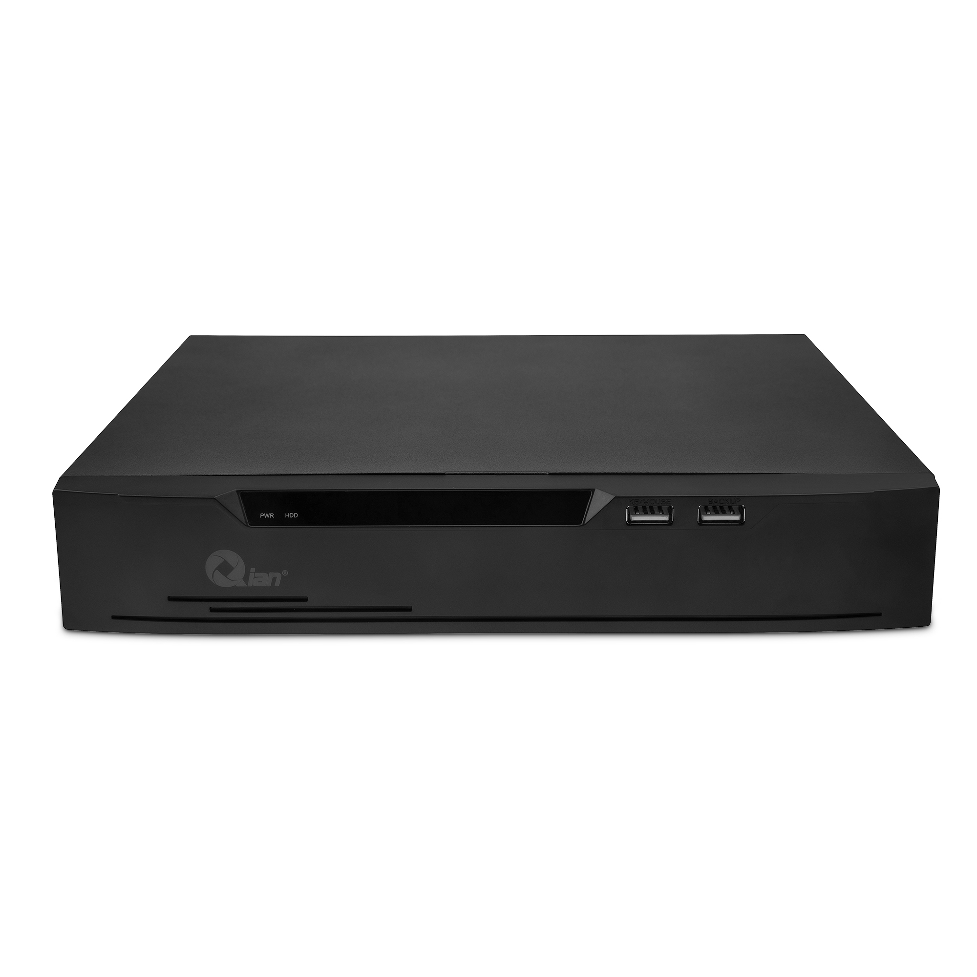Dispositivo DVR negro. Dos puertos USB, indicador de encendido y HDD. Fondo blanco.