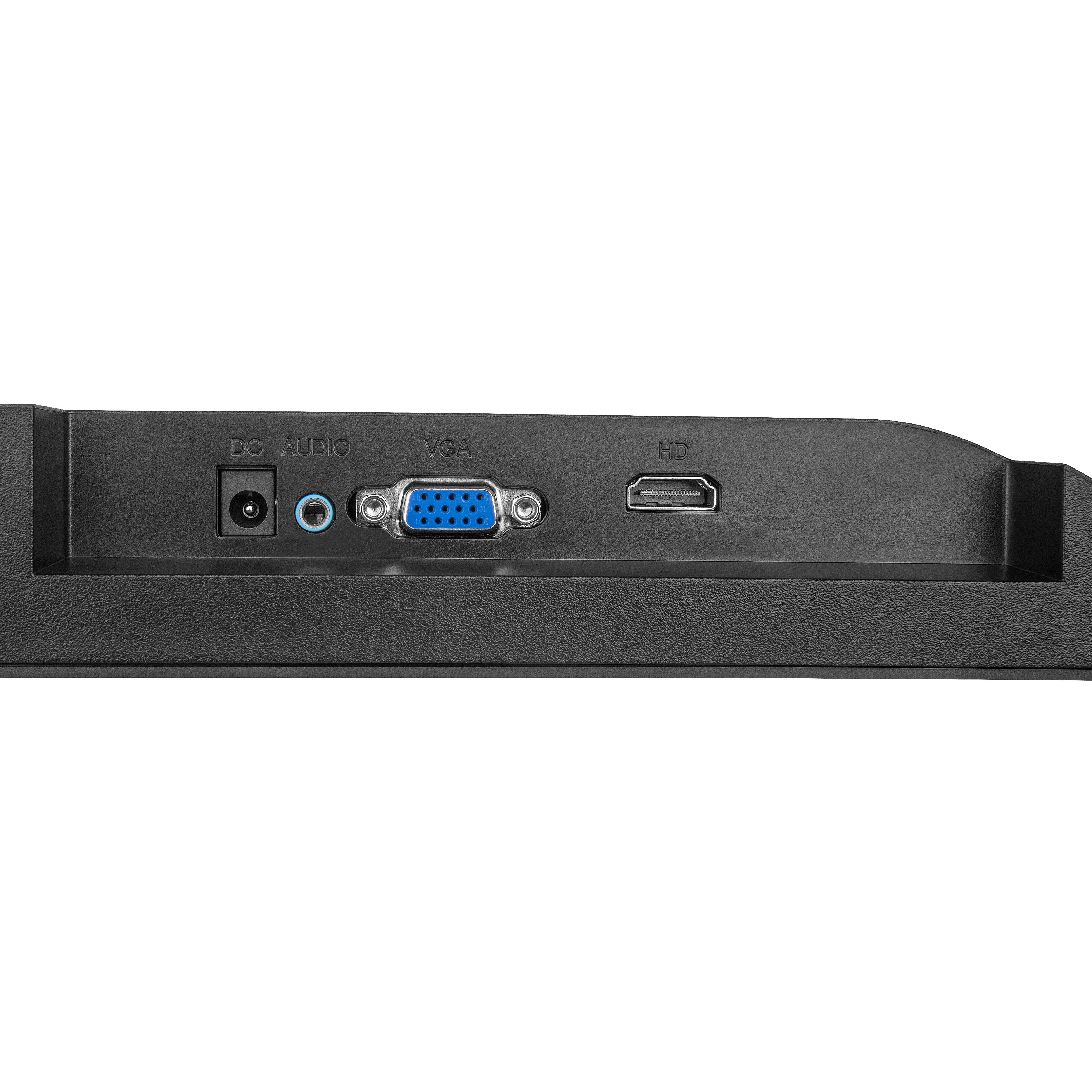 La parte posterior de un monitor con varios puertos, incluyendo DC, VGA y HD, sobre un fondo blanco.