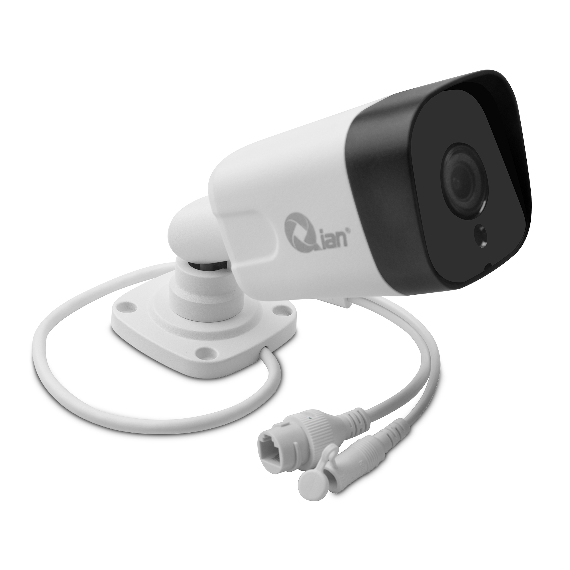 Una cámara de seguridad blanca con frente negro y cable blanco.
