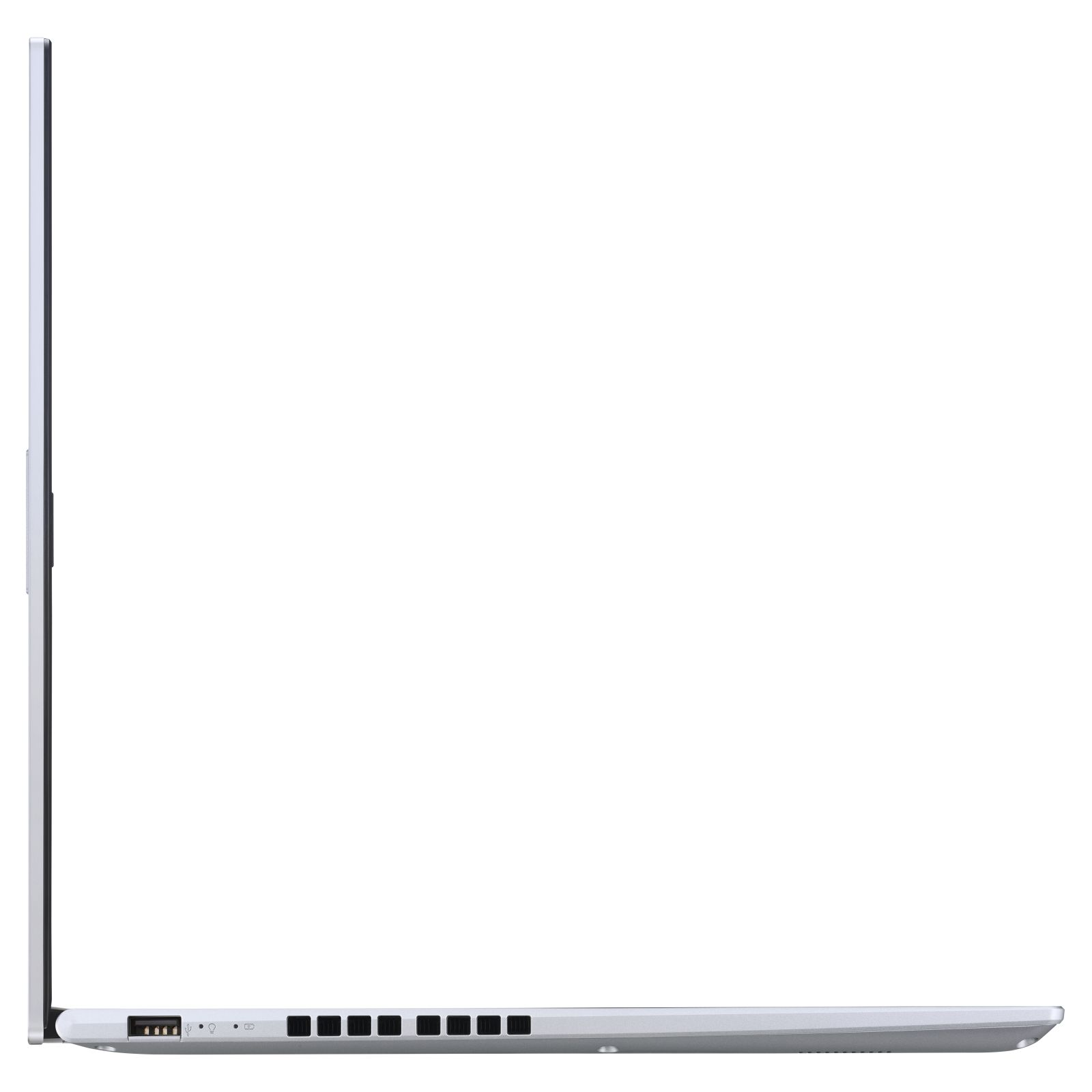 Ein schlanker, silberner Laptop von der Seite gesehen, mit USB-Anschlüssen und modernem Design.