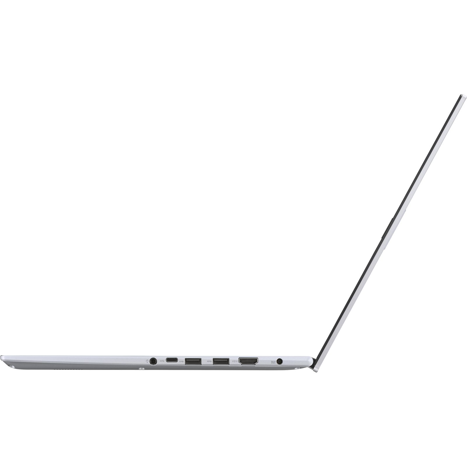 Silberner Laptop im Profil, zeigt Anschlüsse und geöffneten Bildschirm. Der Bildschirm ist dünn und elegant.