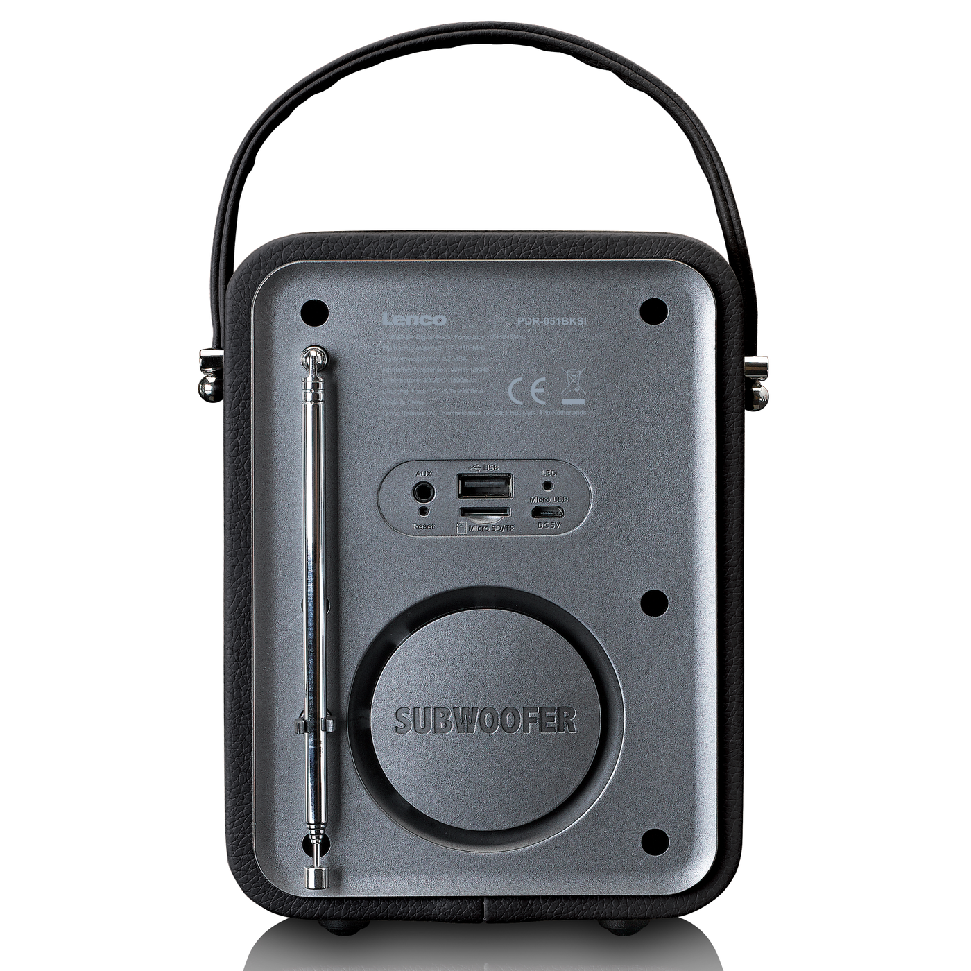 Tył szarego i czarnego głośnika przenośnego Lenco z uchwytem, anteną i portami.