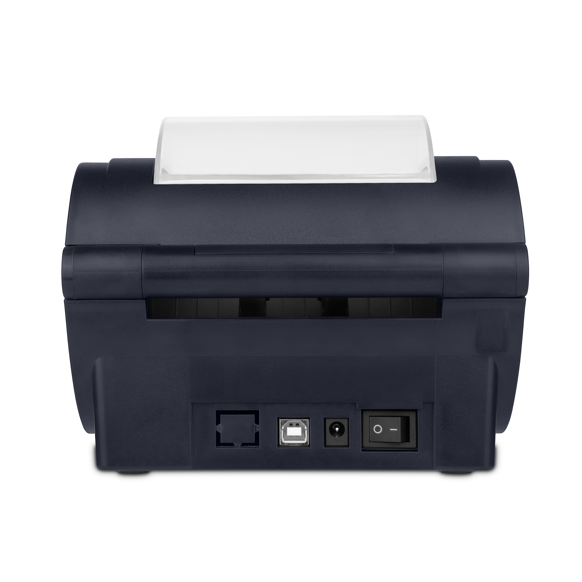 Impresora térmica negra, mostrando la parte trasera con puertos y botón de encendido. La impresora tiene papel saliendo.