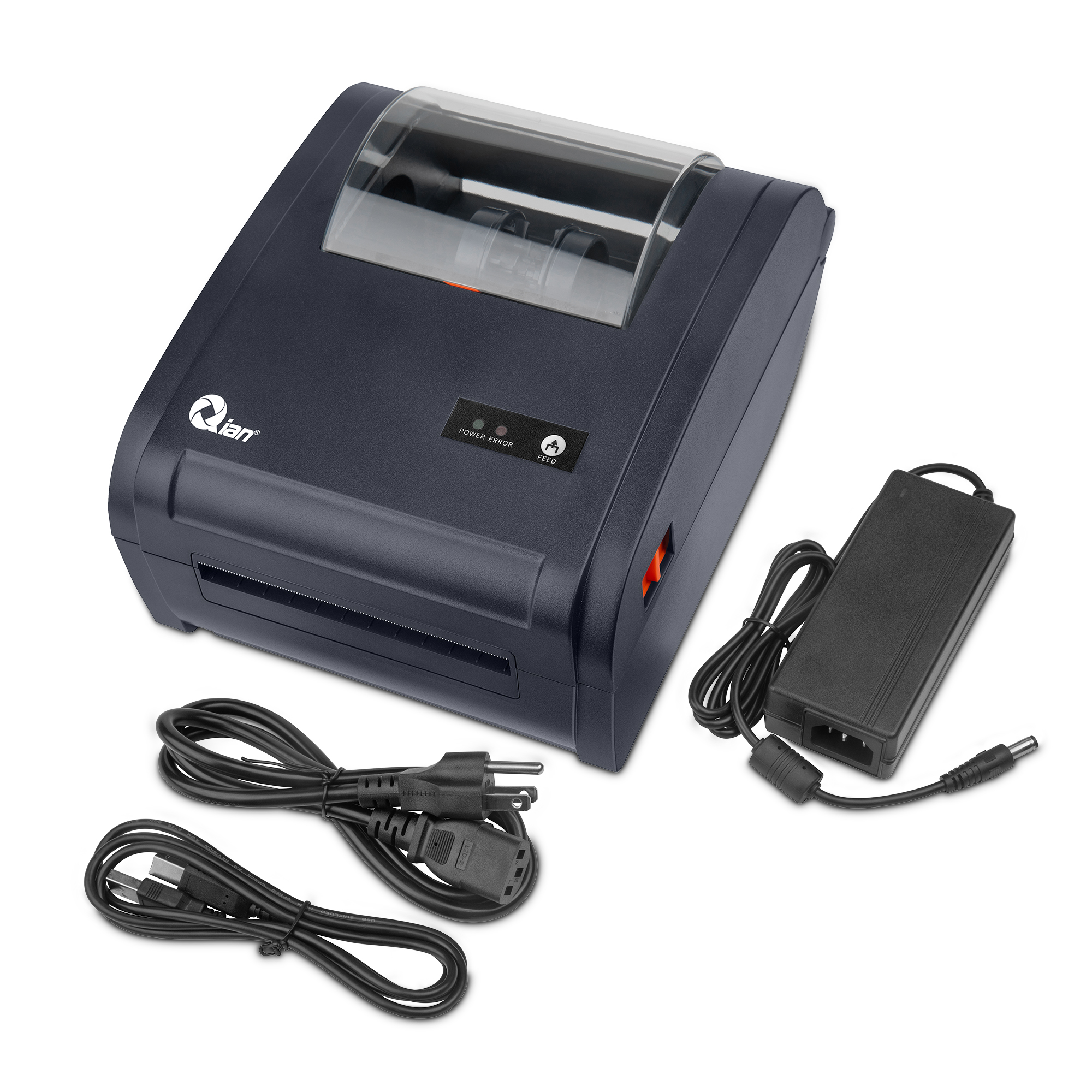 Una impresora térmica negra con cables de alimentación y USB, y un adaptador de corriente.
