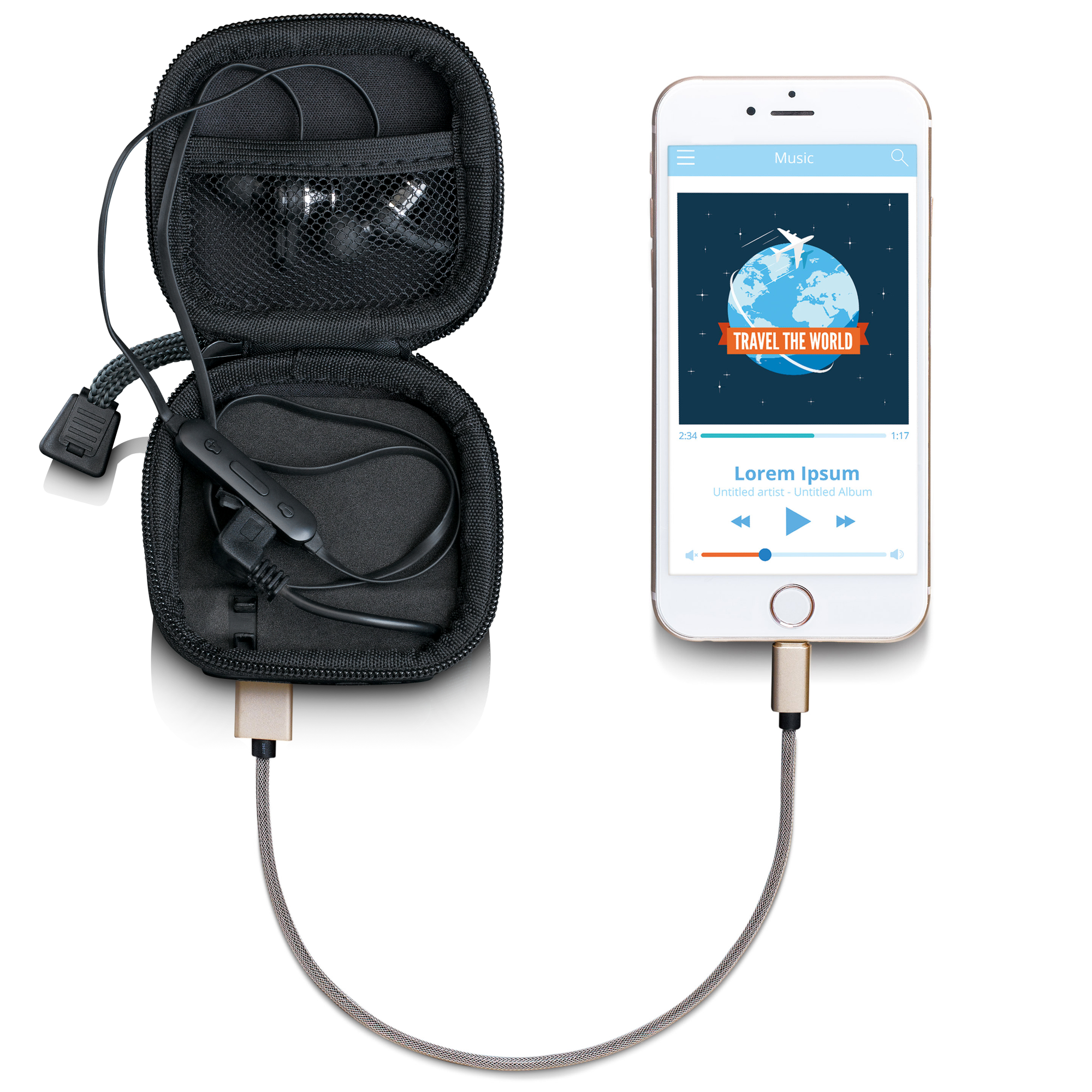 Écouteurs dans un étui, connectés à un téléphone avec un câble. Le téléphone affiche une application musicale.