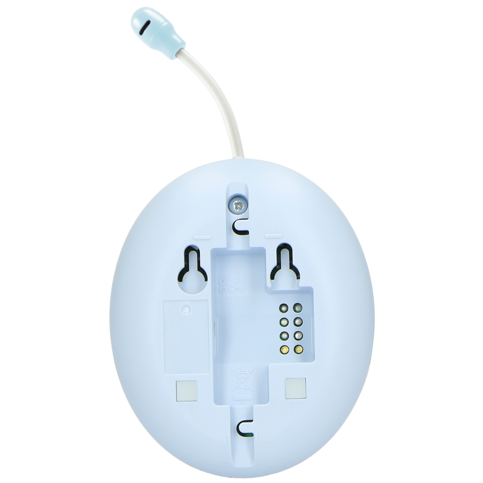 Light blue baby monitor back with a small microphone and holes for mounting.