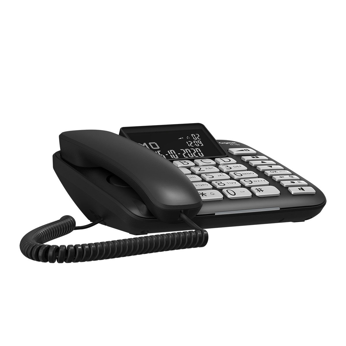 Czarny telefon stacjonarny z dużymi przyciskami i wyświetlaczem. Widoczny zwinięty przewód.