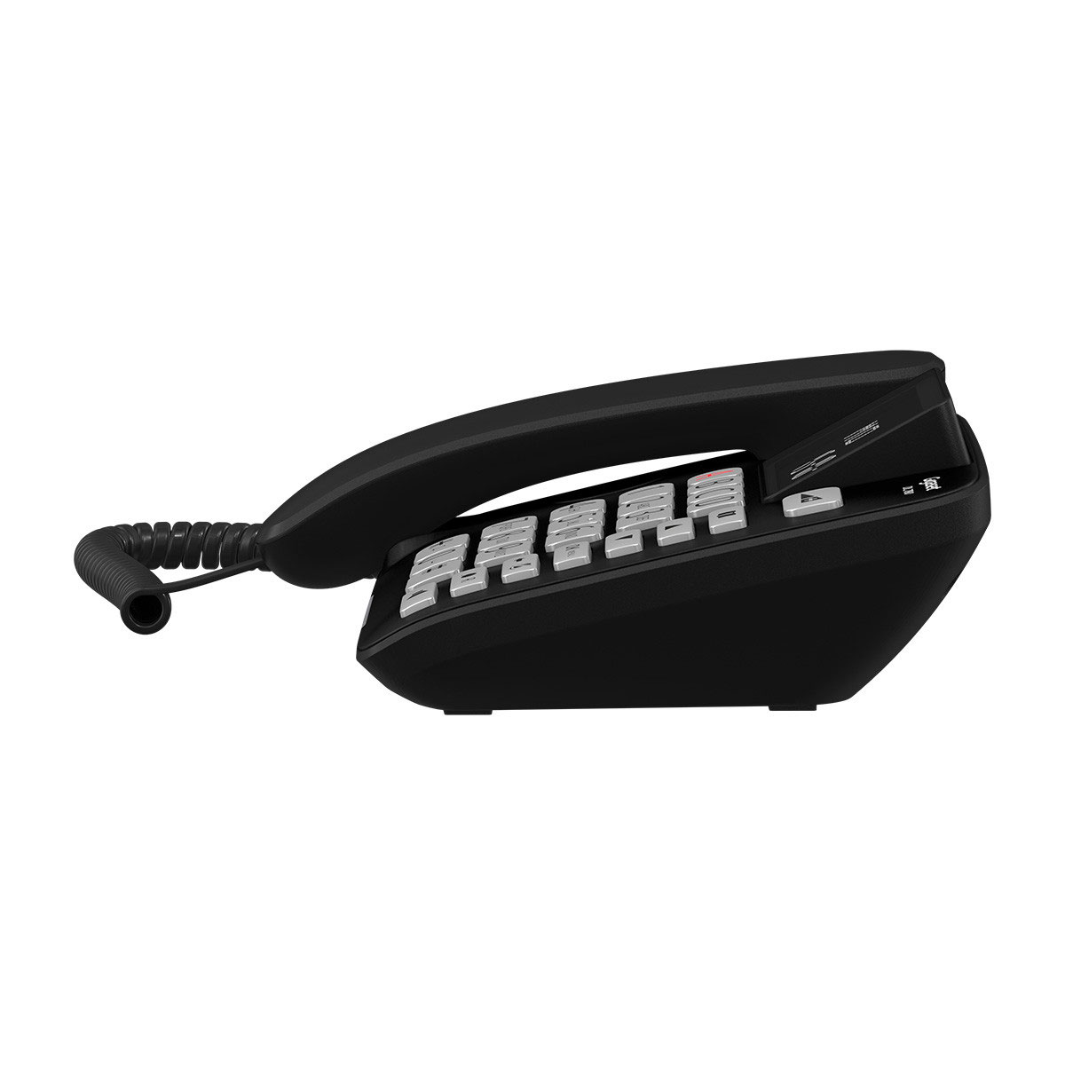 Czarny telefon stacjonarny, z zakrzywionym designem i wieloma przyciskami, na białym tle.