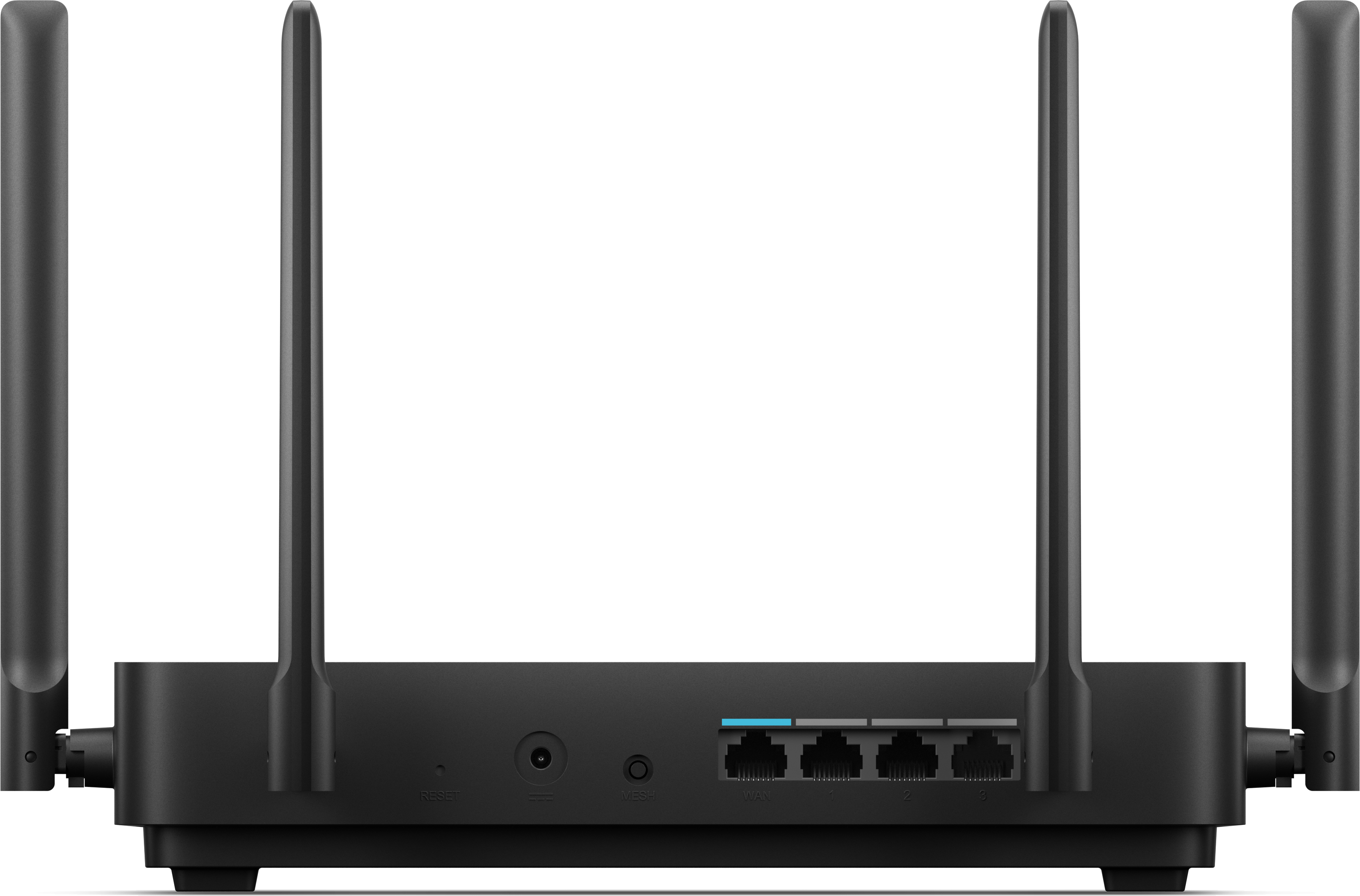 Czarny router z czterema antenami. Tył pokazuje porty.