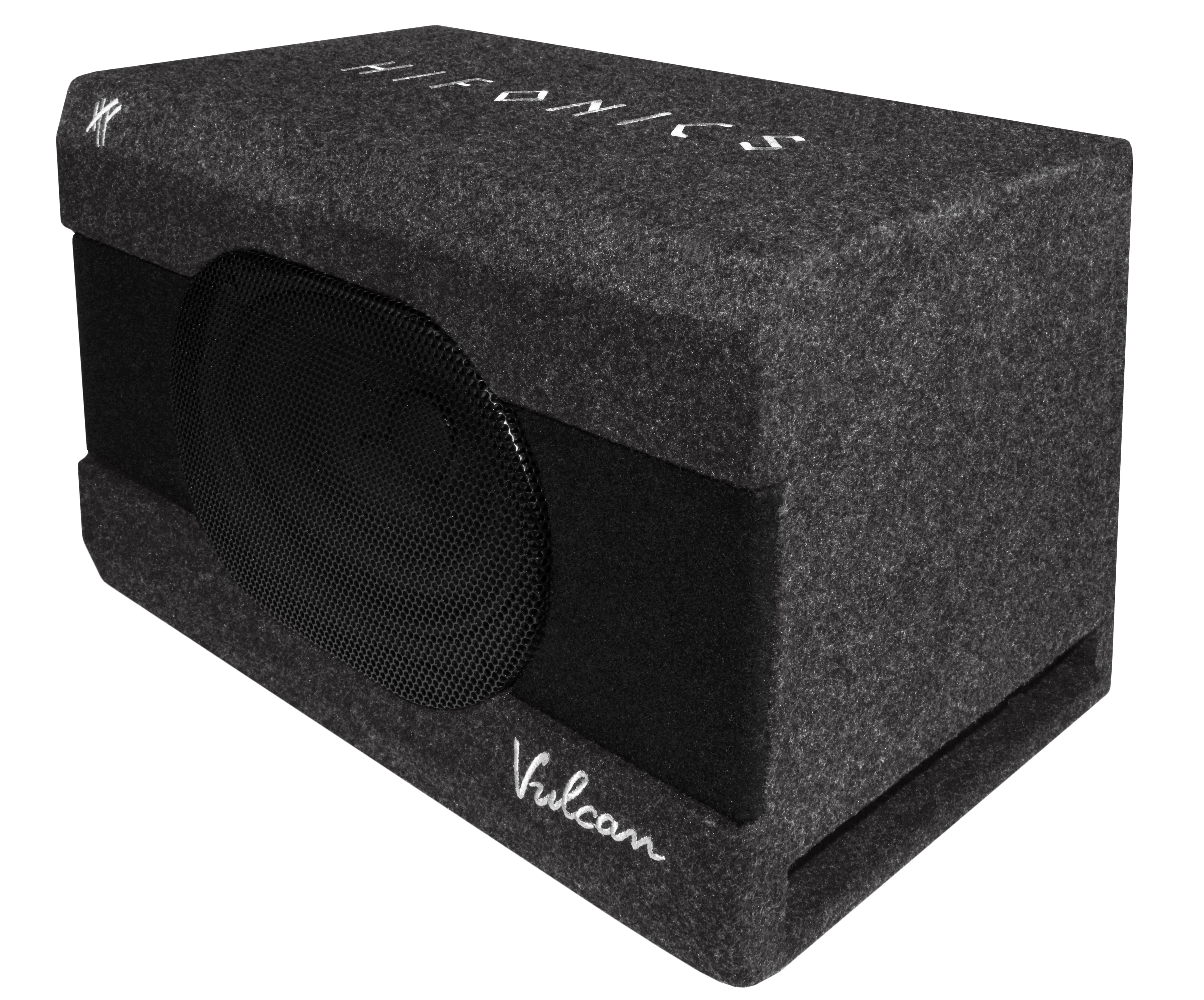 Dunkelgrauer rechteckiger Lautsprecher mit schwarzem Mesh-Lautsprecher und weißem Text 'Hifonics' und 'Vulcan'.
