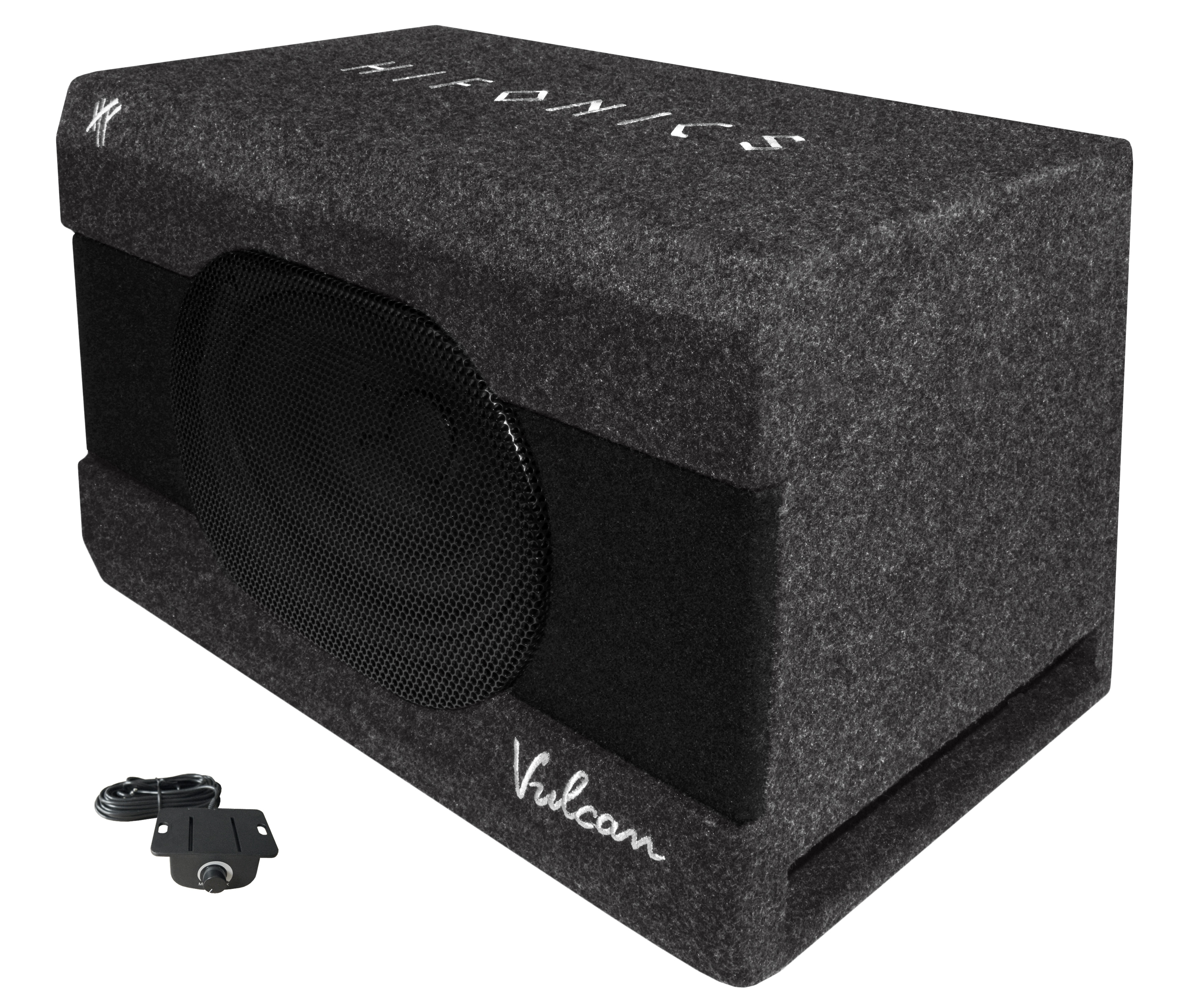 Eine graue Subwoofer-Lautsprecherbox mit schwarzer Lautsprecherabdeckung und Kabel.