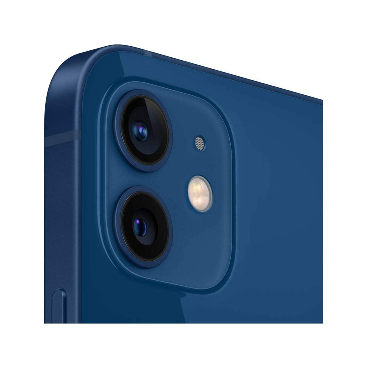 Zbliżenie niebieskiego smartfona, z dwoma aparatami i lampą błyskową.