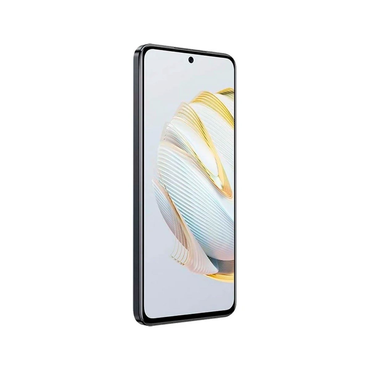 Smartphone von der Seite gezeigt. Das Telefon ist schwarz mit einem weißen und gelben abstrakten Hintergrund.