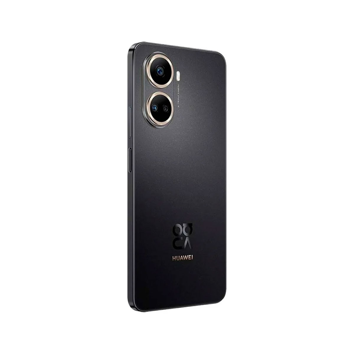 Ein schlankes schwarzes Smartphone mit Dual-Kameras und Huawei-Logo auf der Rückseite, isoliert auf Weiß.