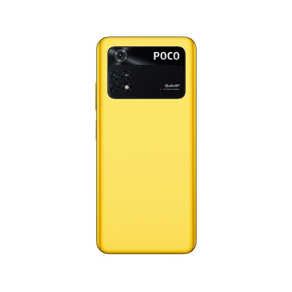 Ein gelbes Telefon mit POCO-Logo, mehreren Kameras und dem Text '64MP AI Camera'.