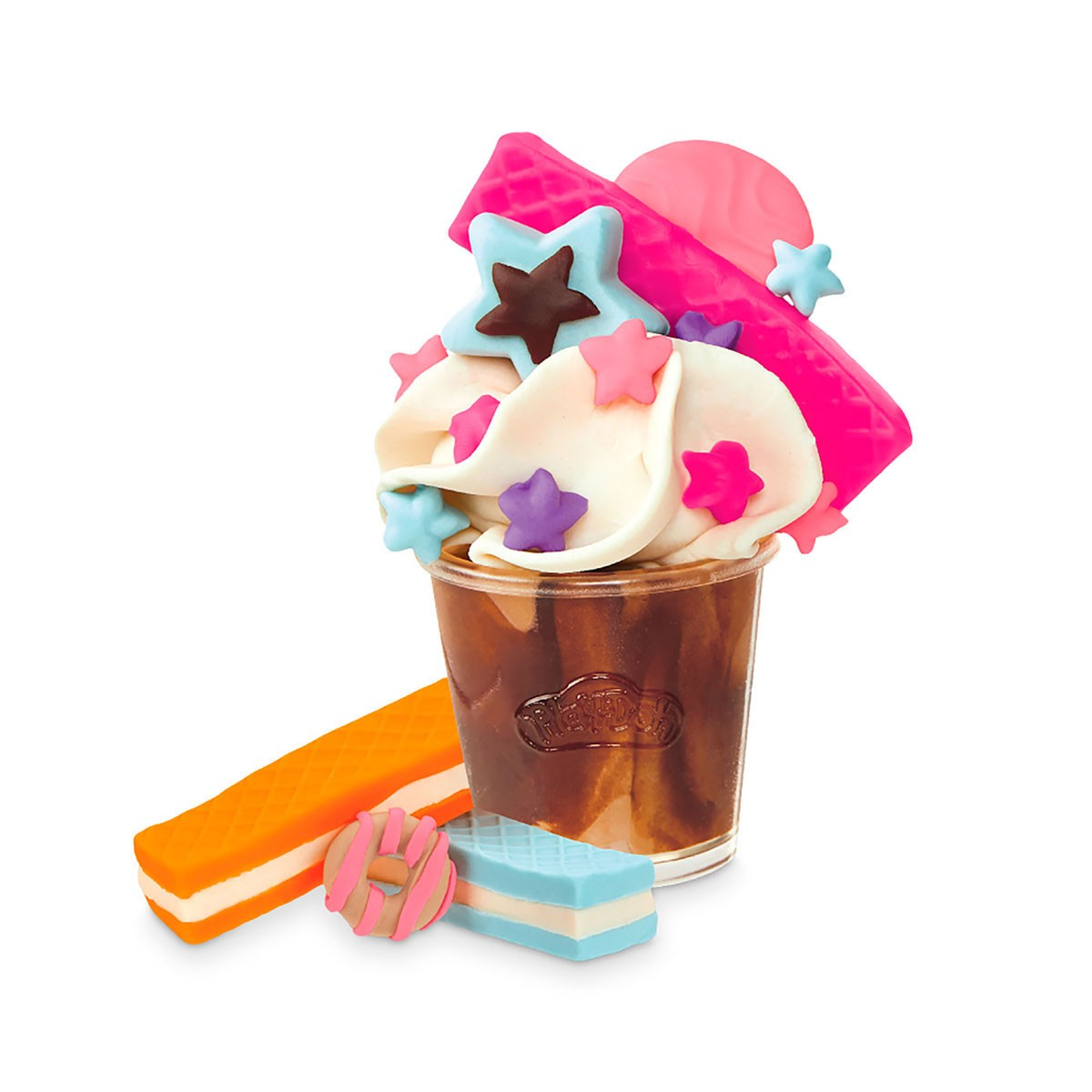 Sundae de helado Play-Doh con varios ingredientes y golosinas coloridas.